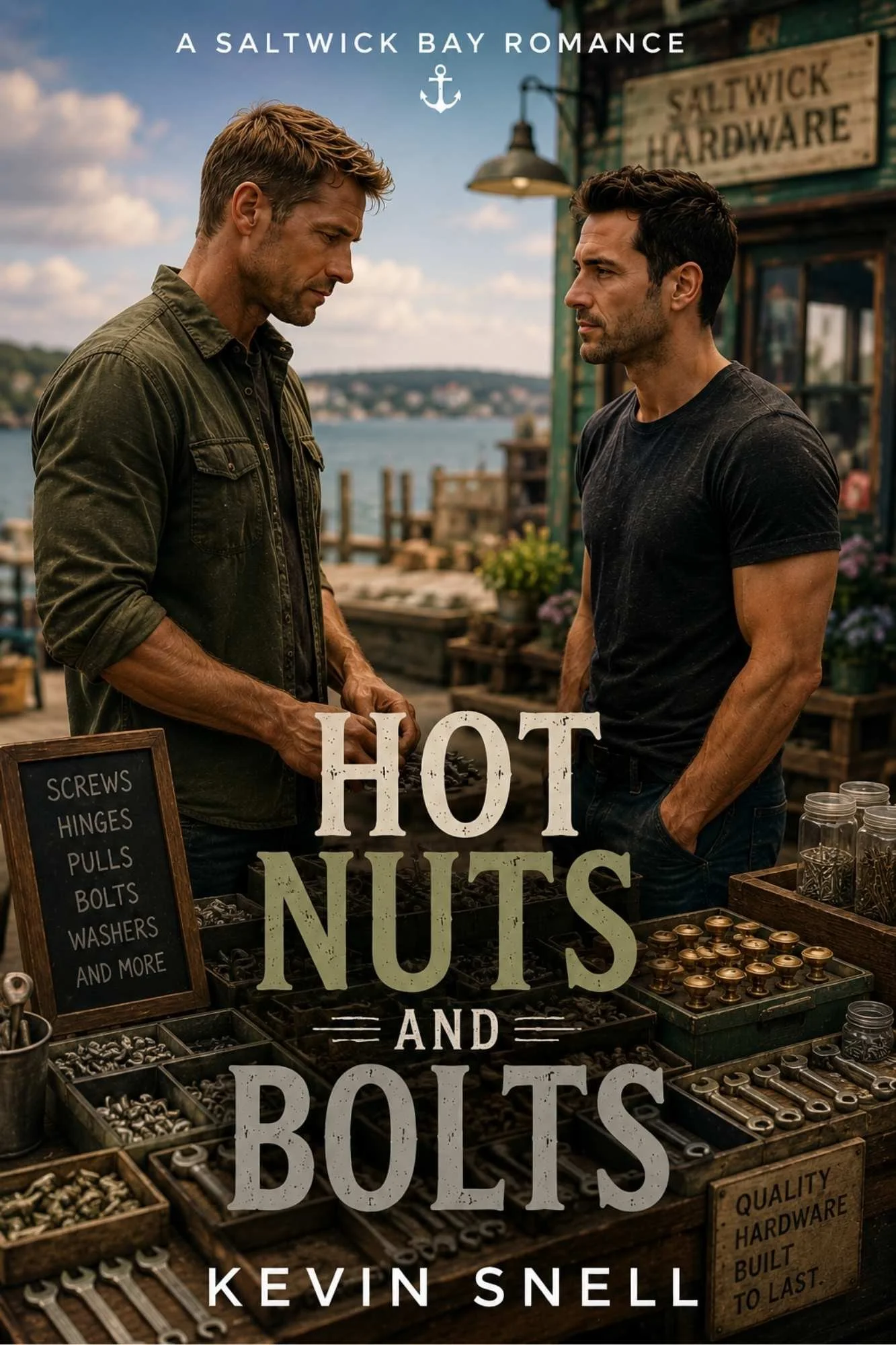 Hot Nuts and Bolts by Kevin Snell, high-heat M/M small-town romance with hardware store rivals, beach town, and slow-burn tension