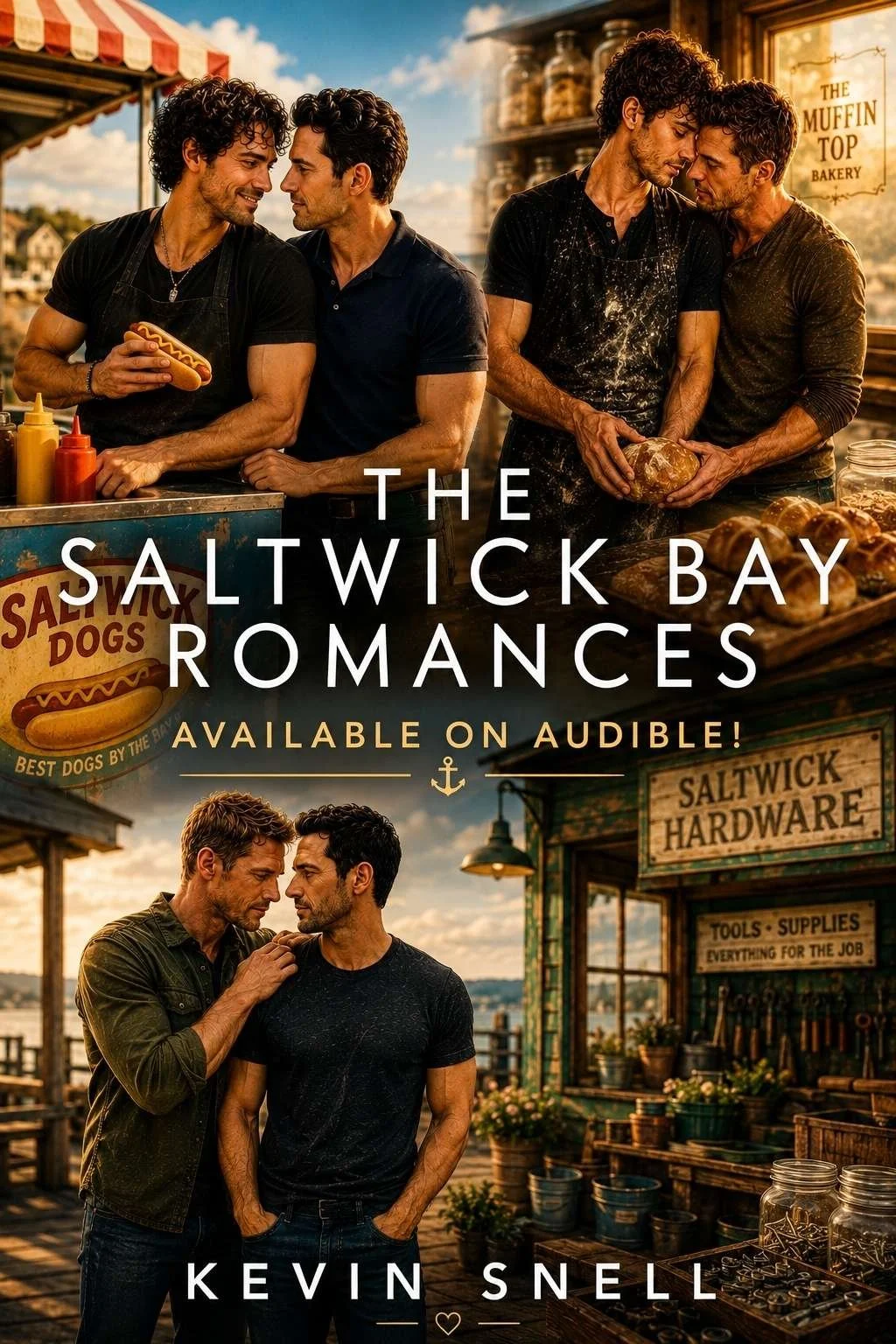 The Saltwick Bay Romances by Kevin Snell, M/M small-town romance audiobooks with food truck, bakery, hardware store, and beach town love