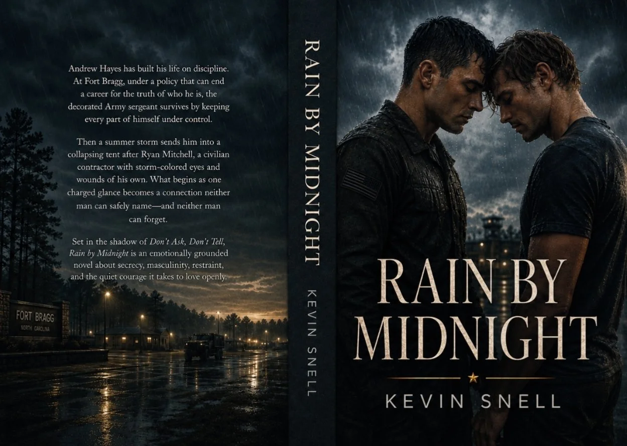 Rain by Midnight by Kevin Snell paperback cover, emotional M/M military romance about secrecy, masculinity, restraint, and loving openly
