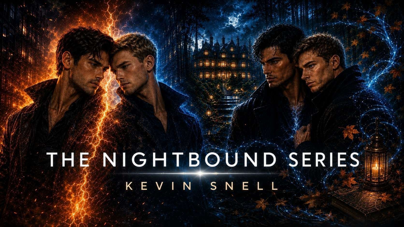 the nightbound series promotional photo. two hot guys, magic, fantasy, m/m, romance.