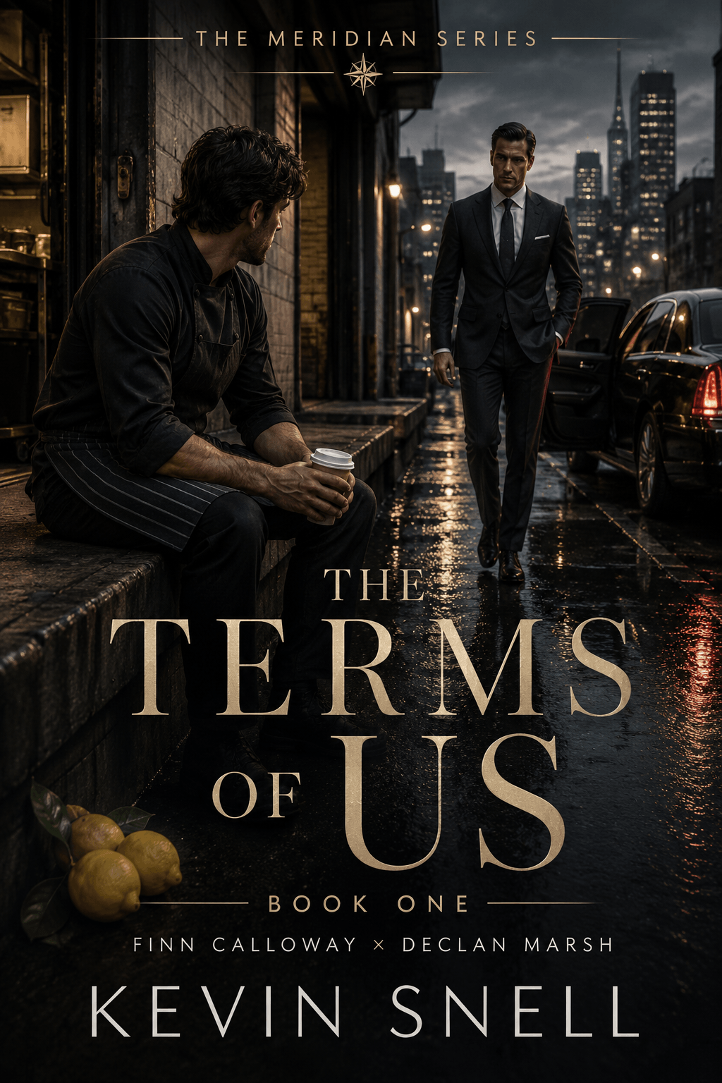 City street scene at dusk with a man in a suit walking past a seated chef holding a coffee cup, with a city skyline in the background and the title 'The Terms of Us Book One' overlayed.