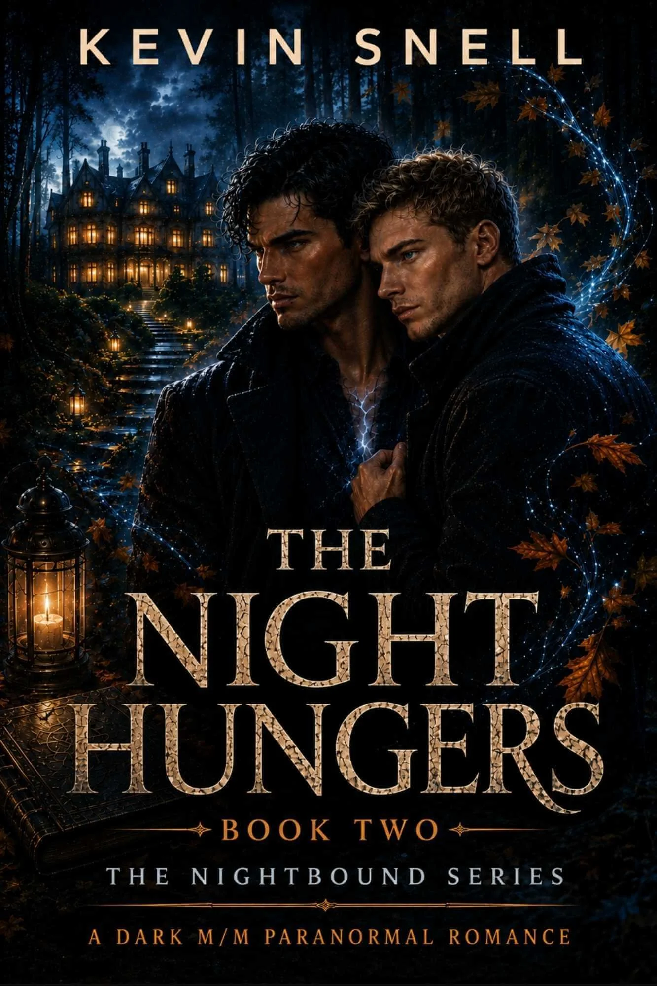 Book cover for "The Nightmare Hunters" showing two young men with serious expressions, standing in front of a dark haunted mansion in a moonlit forest. The background features glowing lanterns, swirling magical energy, and autumn leaves.