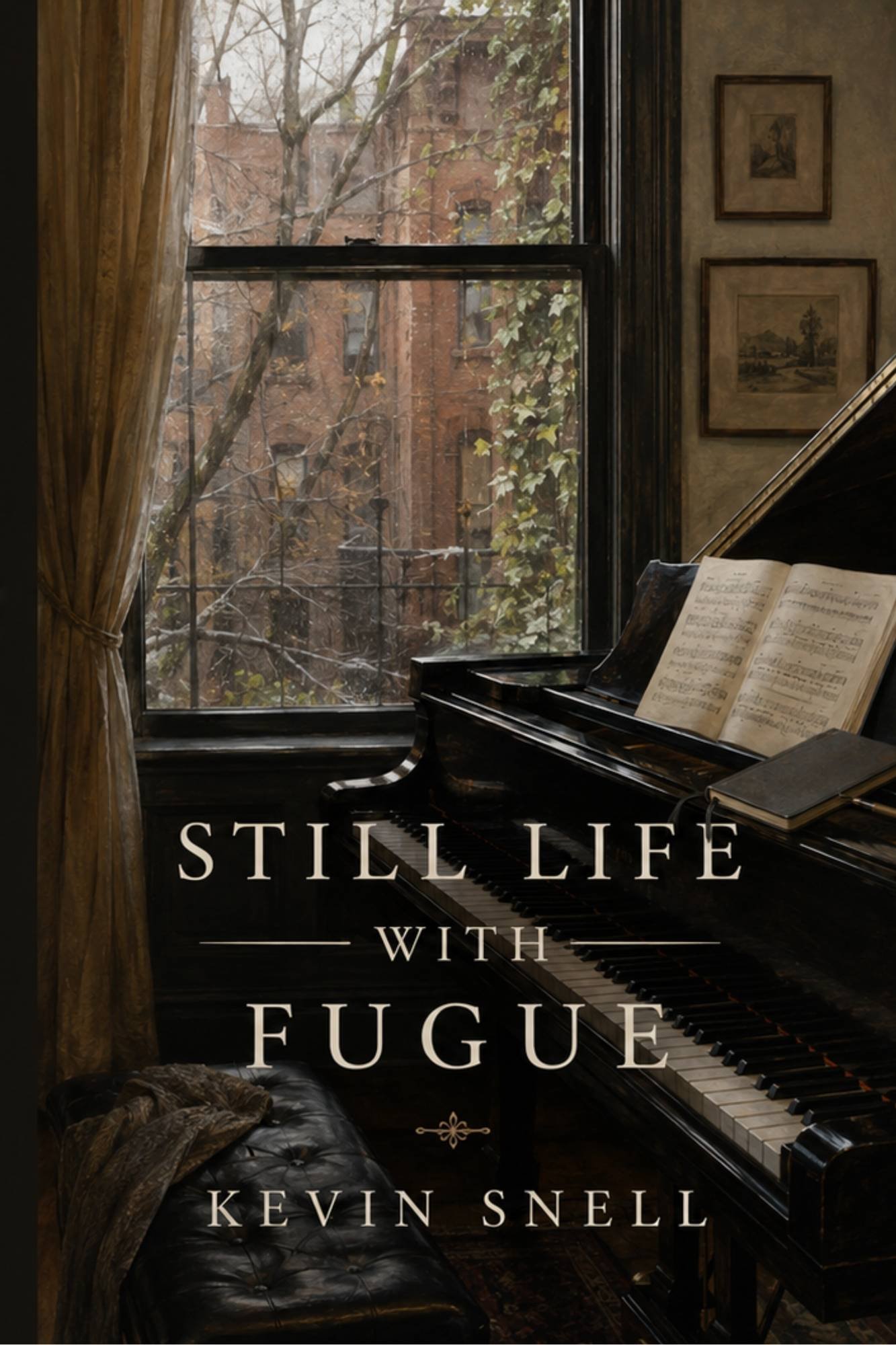 Still Life with Fugue by Kevin Snell, literary fiction cover with grand piano, sheet music, old apartment, and quiet artistic melancholy