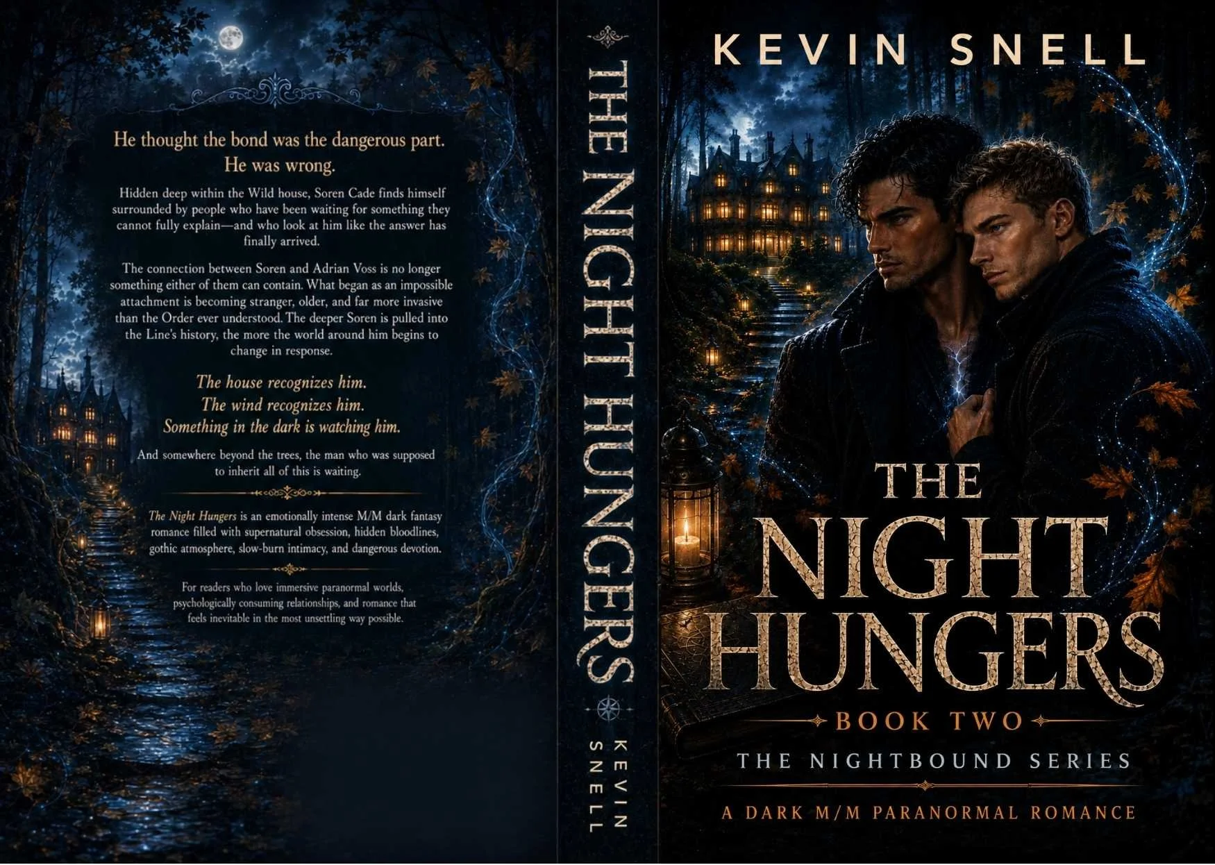 The Night Hungers by Kevin Snell paperback cover, dark M/M paranormal romance with magical bond, gothic mansion, and two men