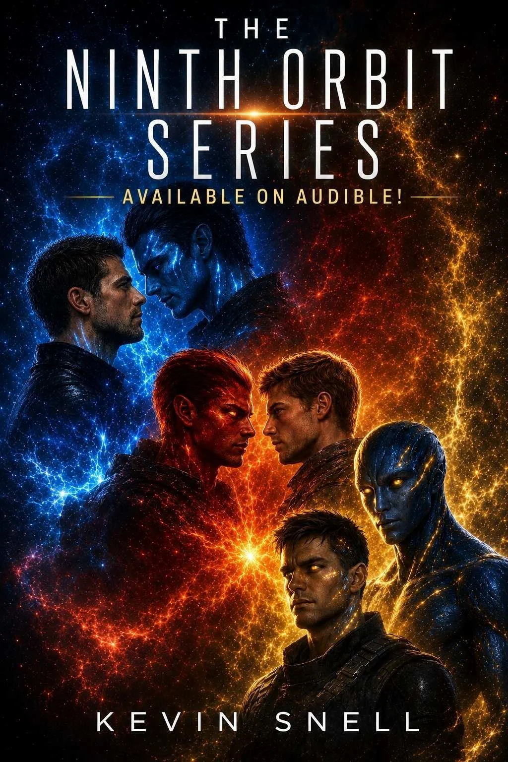 The Ninth Orbit Series by Kevin Snell, M/M alien romance audiobook cover with sci-fi fantasy couples and glowing cosmic bonds