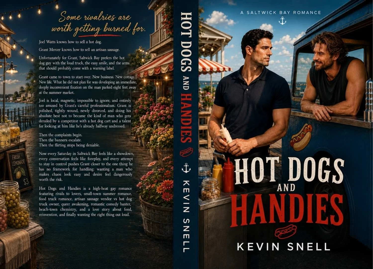 Hot Dogs and Handies by Kevin Snell paperback cover, high-heat M/M small-town romance with rivals, food truck, and summer beach town