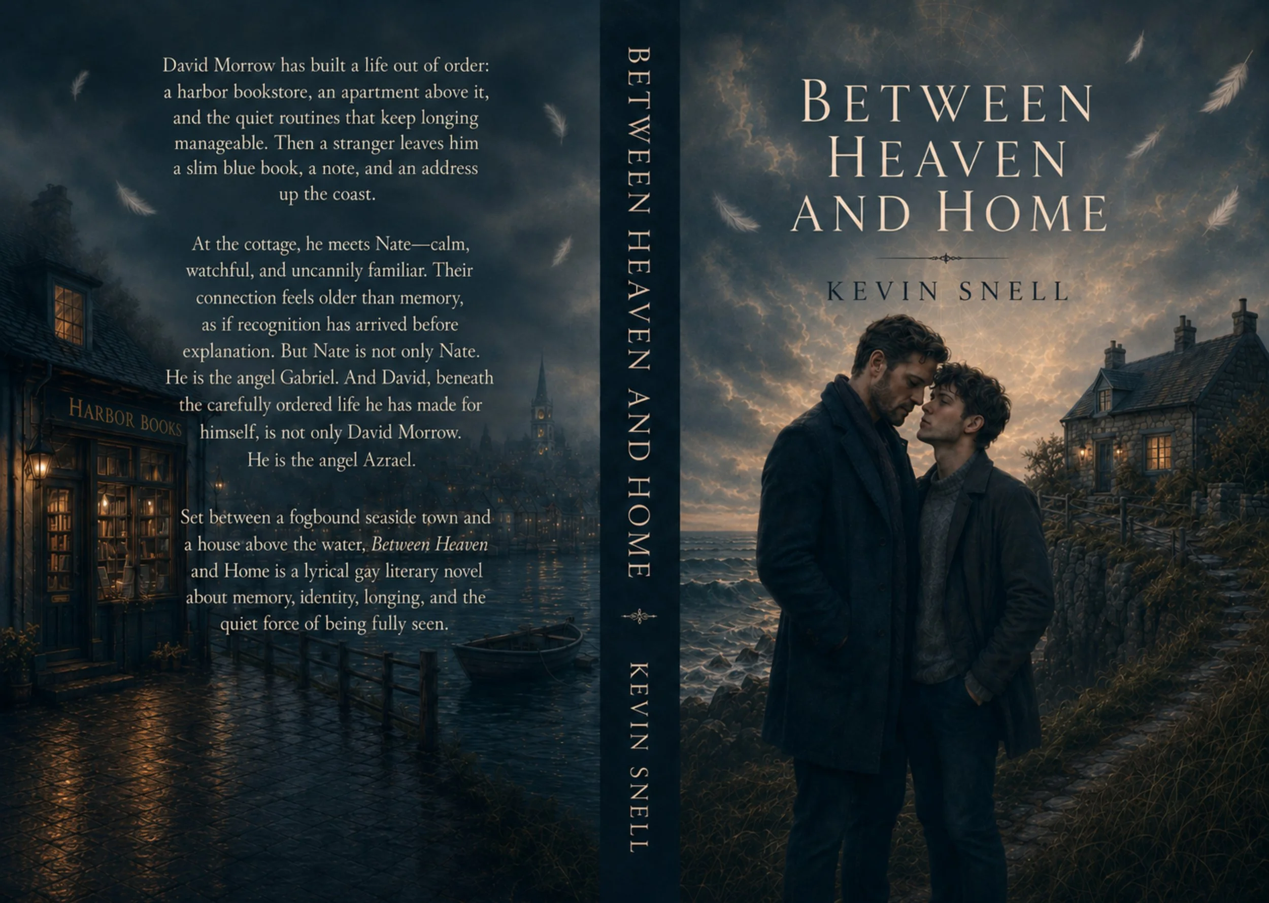 Between Heaven and Home by Kevin Snell paperback cover, lyrical gay literary fiction about memory, identity, longing, angels, and seaside love