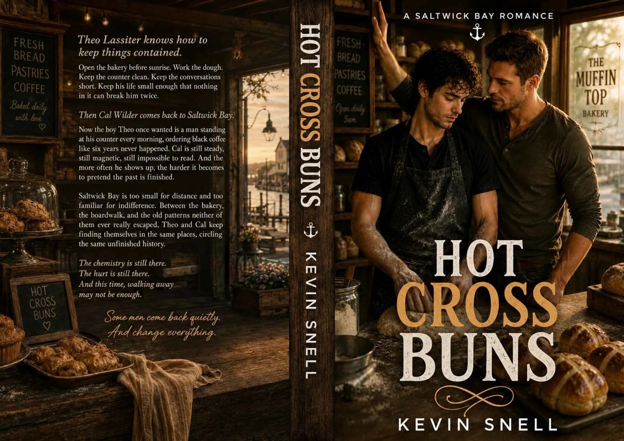 Book cover titled "Hot Cross Buns" by Kevin Snell, featuring a warm bakery scene with two men, baked goods, and signs advertising baked daily and hot cross buns, set during sunset at a waterfront bakery in Saltwick Bay.