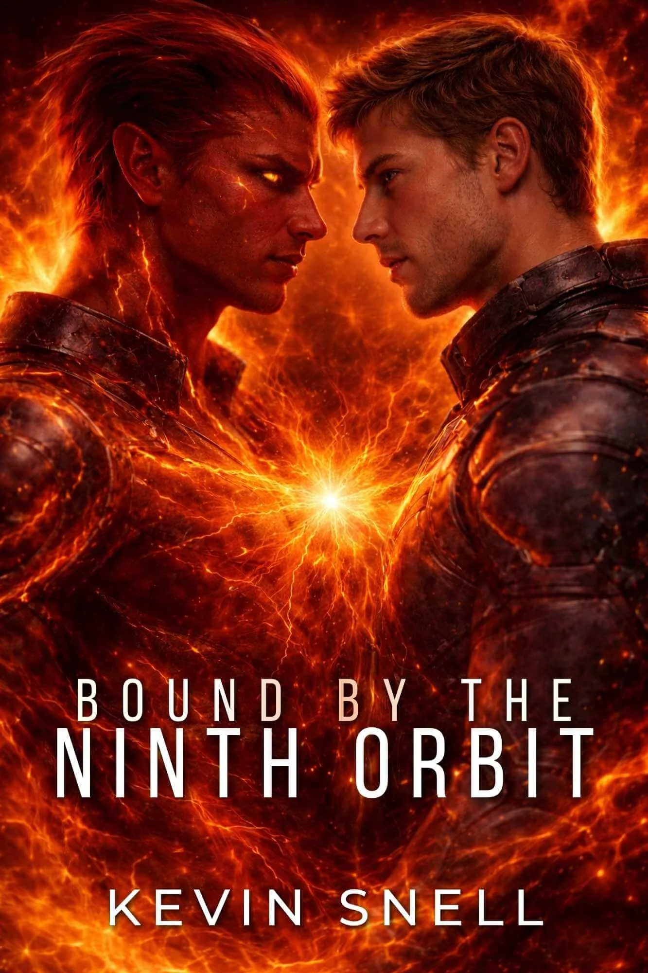 Book cover for 'Bound by the Ninth Orbit' by Kevin Snell. Features two men facing each other with intense expressions, set against a fiery, fiery background with bright sparks and flames.