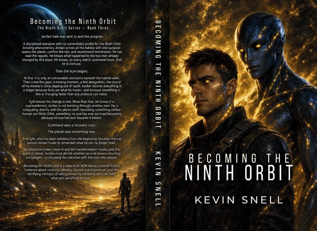 Becoming the Ninth Orbit by Kevin Snell paperback cover, slow-burn M/M sci-fi romance with alien transformation and cosmic bond