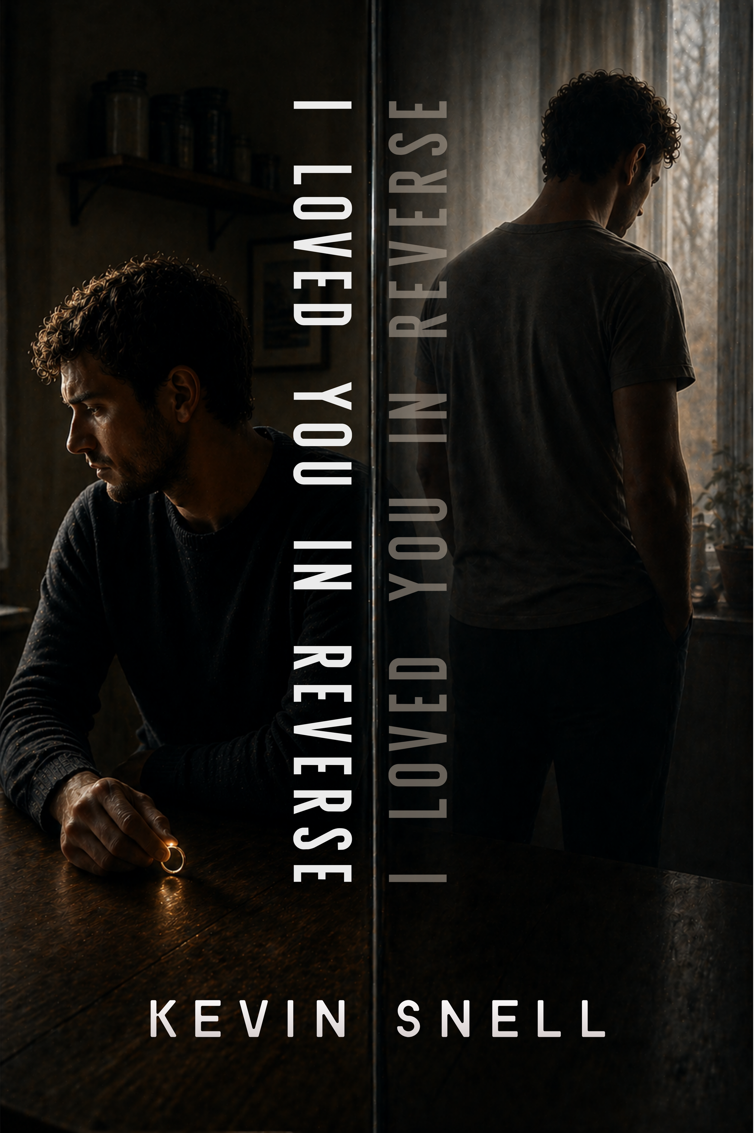 M/M literary romance cover with two men divided, ring on table, breakup theme