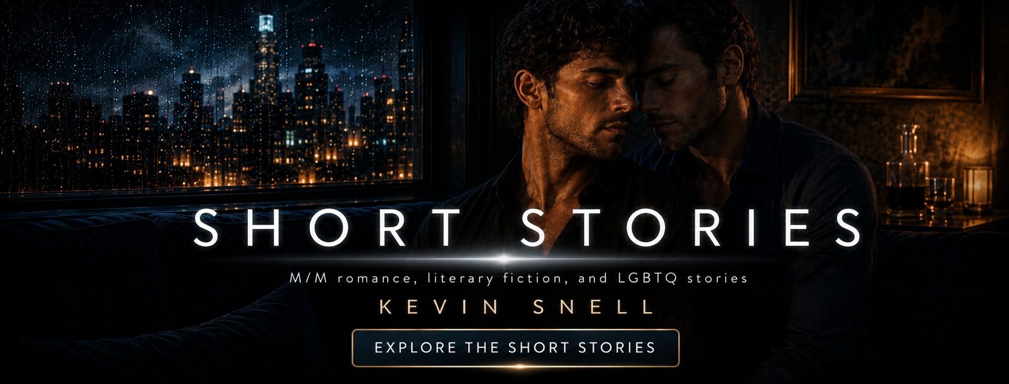 Book cover for 'Short Stories' by Kevin Snell, featuring two men in an intimate pose inside a dimly lit room with city lights and rain outside a window.