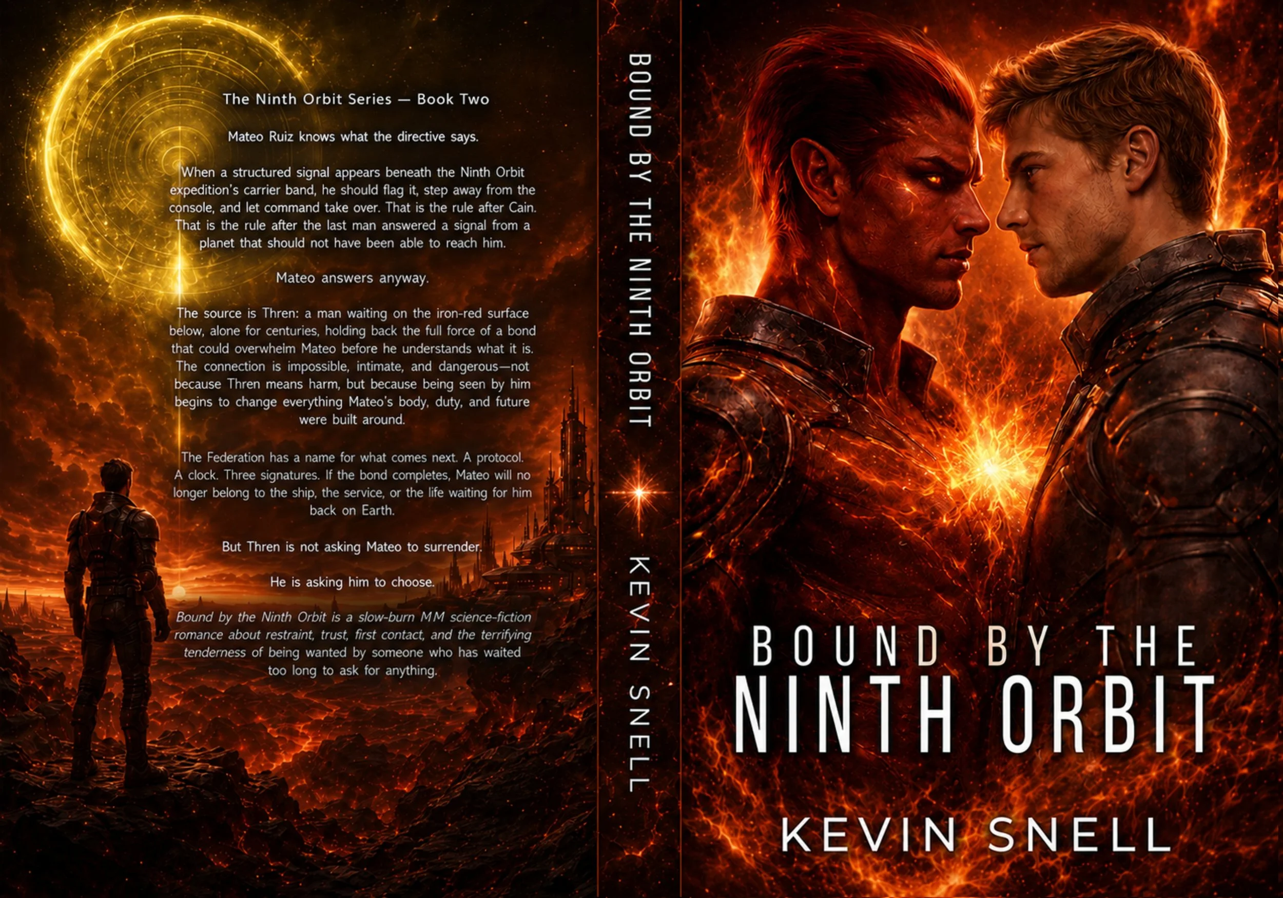 Bound by the Ninth Orbit by Kevin Snell paperback cover, slow-burn M/M sci-fi romance with alien bond, red planet, and fated mates
