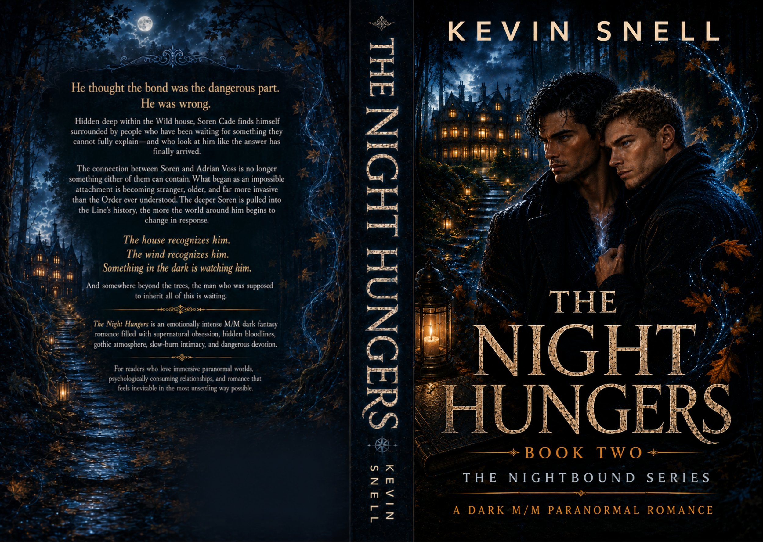 The Night Hungers by Kevin Snell paperback cover, dark M/M paranormal romance with magical bond, gothic mansion, and two men