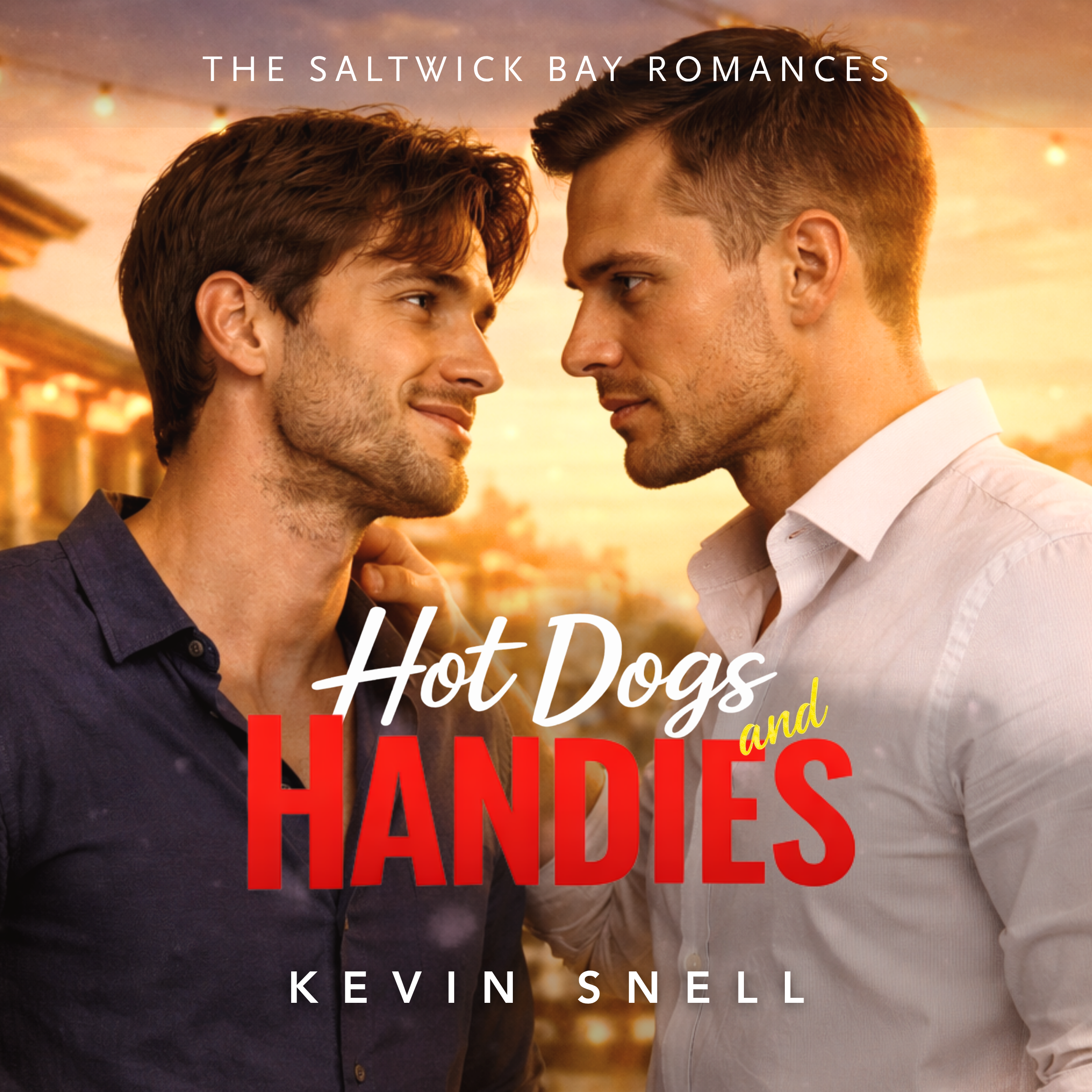 M/M small town gay romance audiobook cover, two men at beach market, rivals to lovers, summer tension