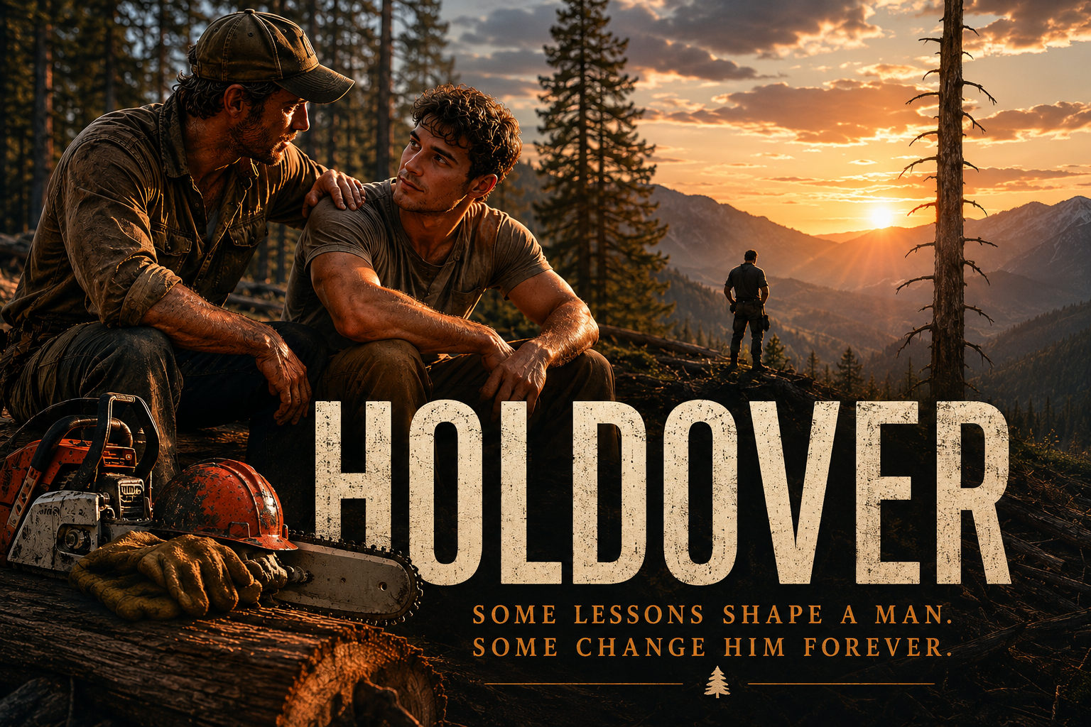 Rugged wildfire sawyers at sunset in a mountain forest beside chainsaw gear, promoting Kevin Snell’s short story Holdover