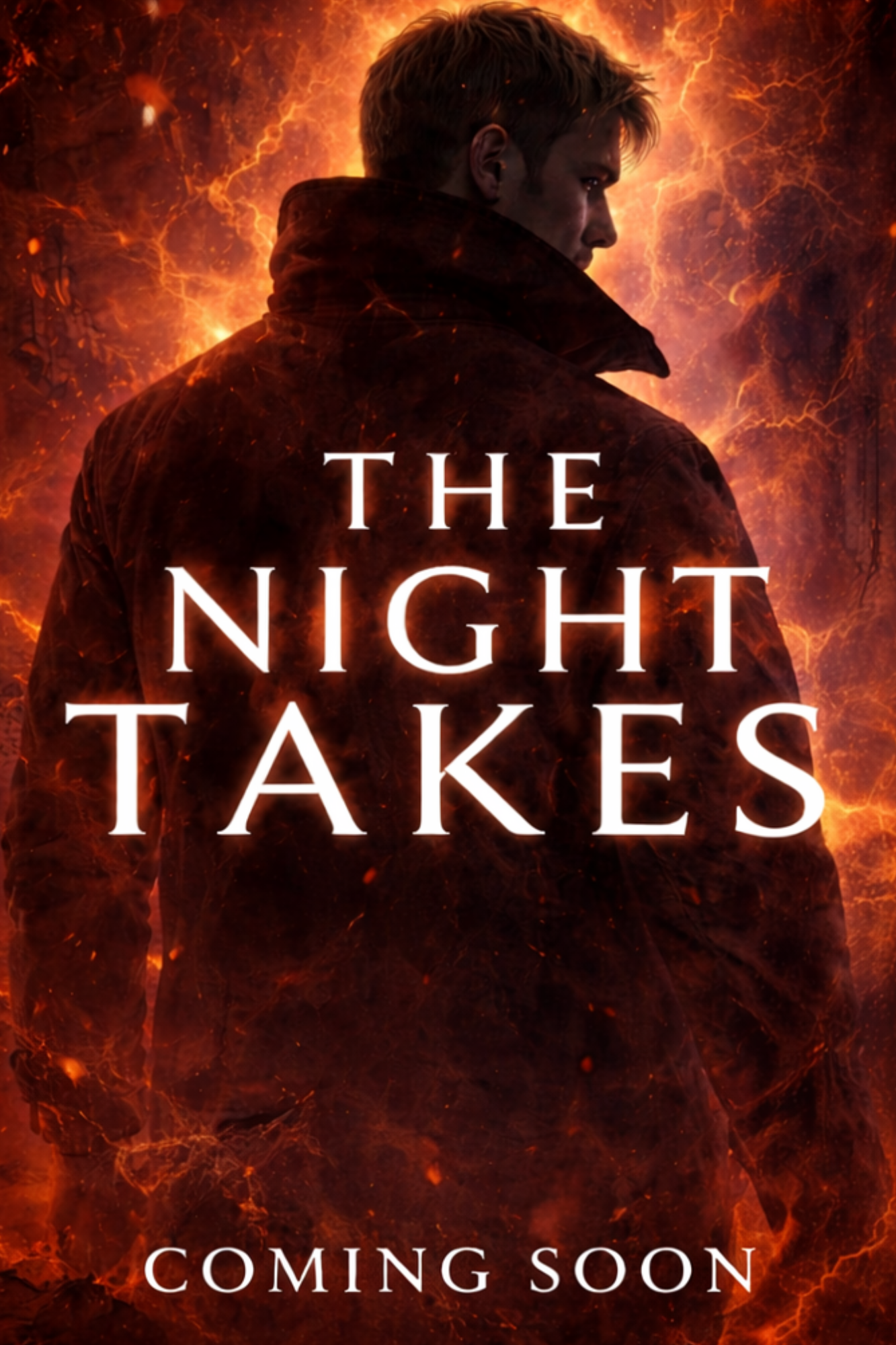 M/M urban fantasy gay romance, man in fiery city, orange light, magic, dangerous attraction