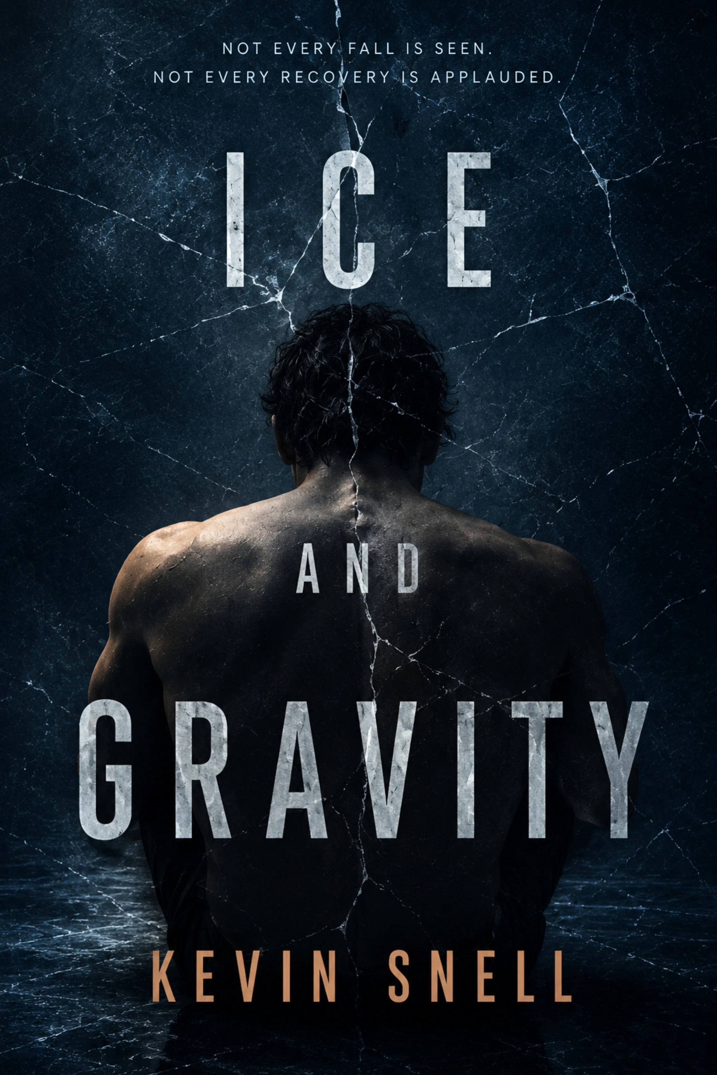 A person with dark, curly hair is shown from the back, shirtless, with water and ice cracks in the background. The title 'Ice and Gravity' is displayed prominently, and the author's name, Kevin Snell, is at the bottom.