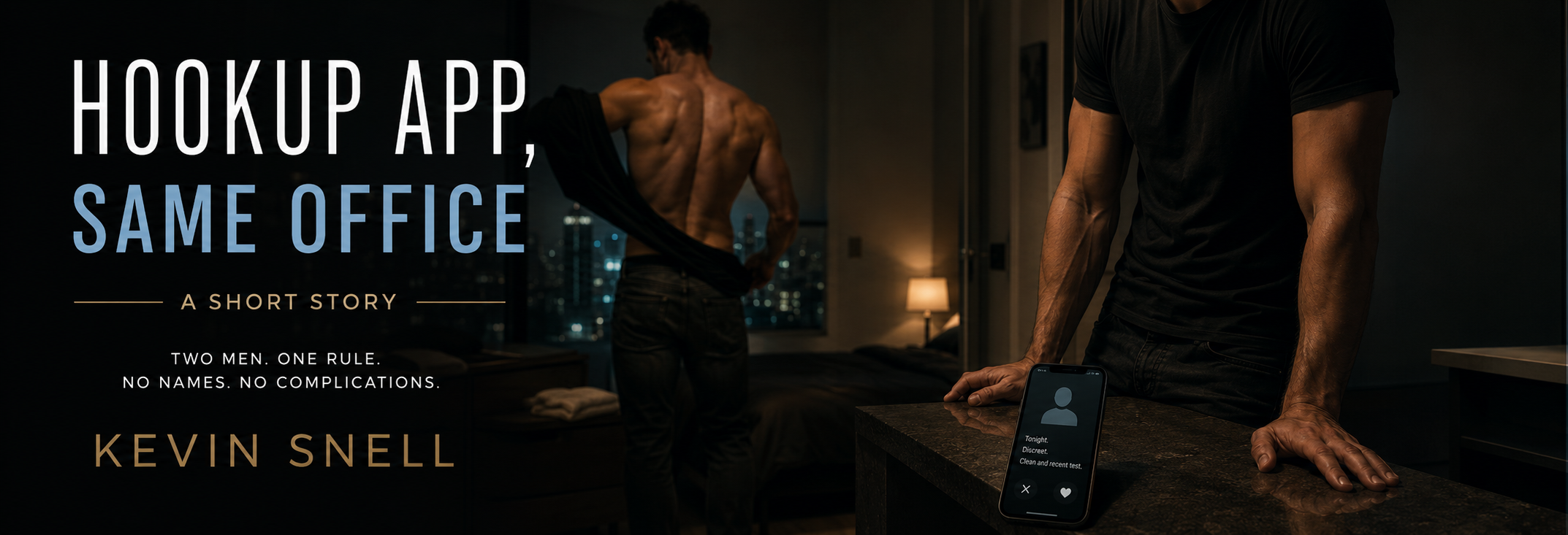 Hookup App, Same Office header with two men in a dark city apartment.
