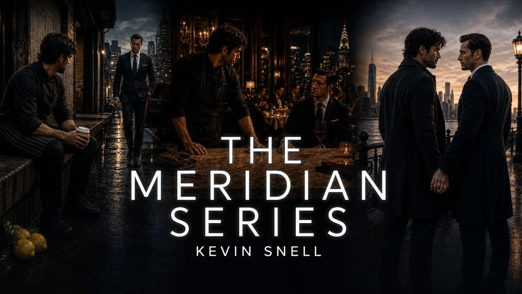 Promotional poster for 'The Meridian Series' by Kevin Snell, depicting a cityscape at sunset with a waterfront, and six men engaged in various conversations or preparing food on a terrace, dressed in formal or casual attire.