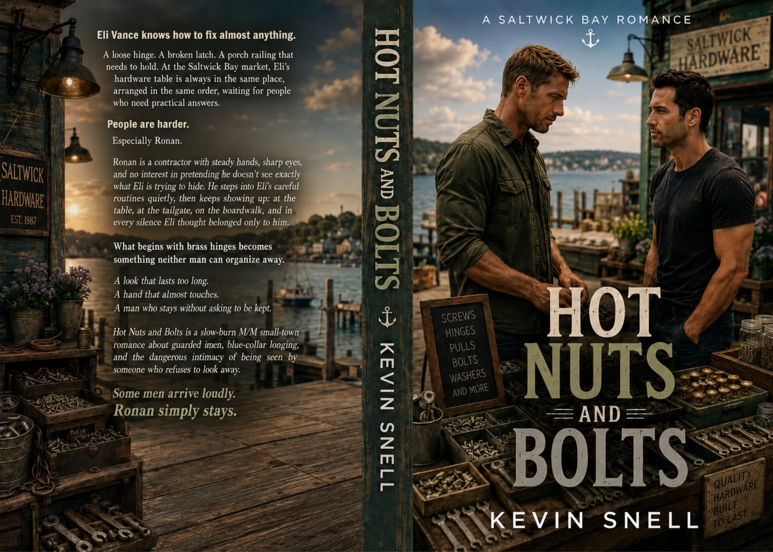 Hot Nuts and Bolts by Kevin Snell paperback cover, slow-burn M/M small-town romance with hardware store, blue-collar longing, and beach town