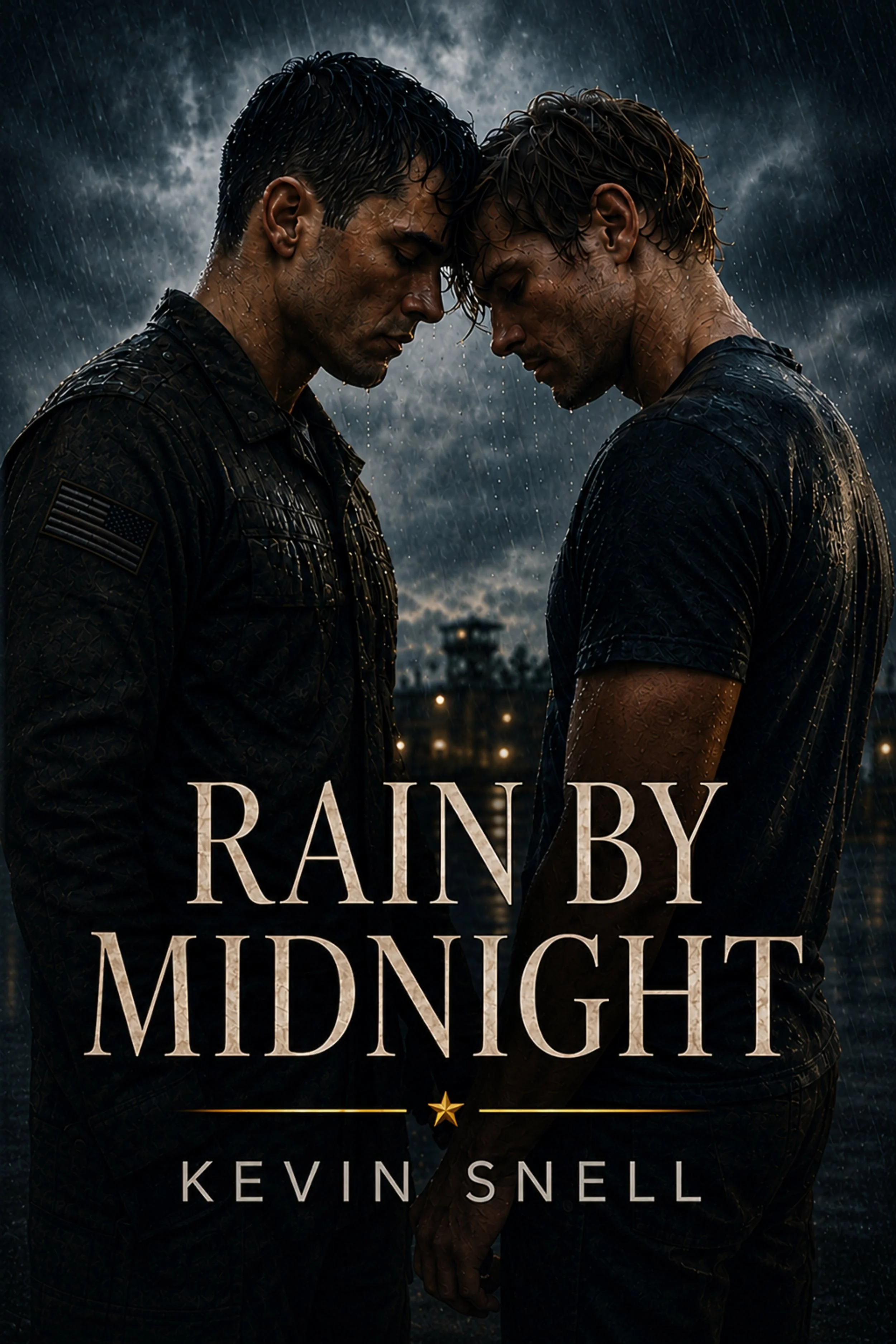 Two men in dark, rainy setting with stormy clouds, heads bowed together, close-up shot, overlaid with the title 'Rain by Midnight' and the author 'Kevin Snell'.