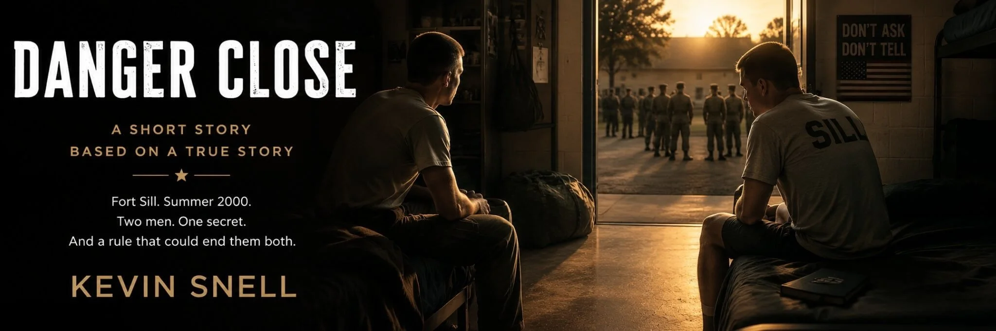 Two young soldiers sit in a dim Fort Sill barracks at sunset, evoking Kevin Snell’s true M/M short story Danger Close.