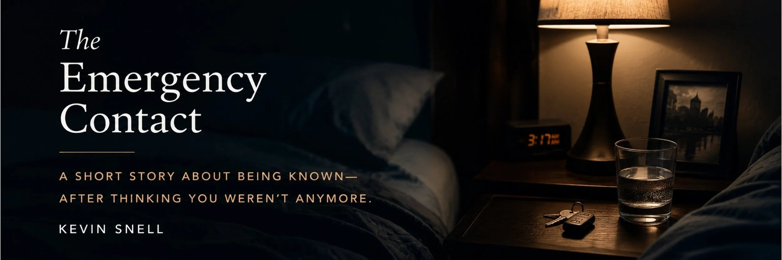 Quiet apartment scene with a blue mug and casted wrist for Kevin Snell’s M/M short story The Emergency Contact.