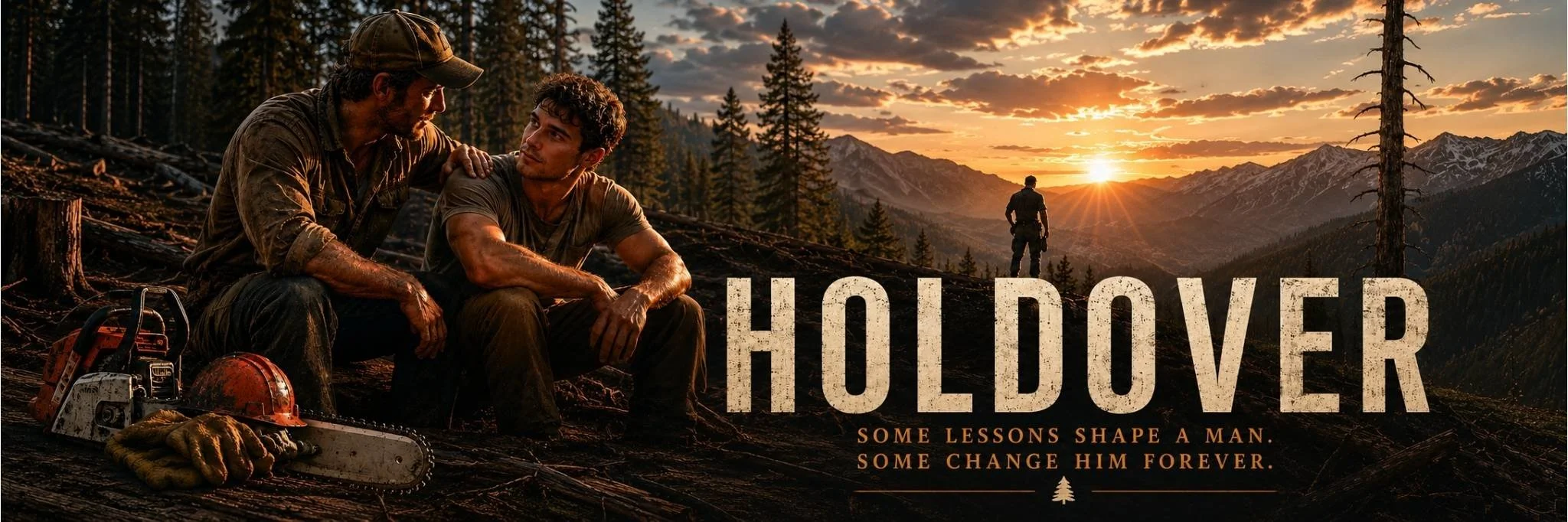 Rugged wildfire sawyers at sunset in a mountain forest beside chainsaw gear, promoting Kevin Snell’s short story Holdover