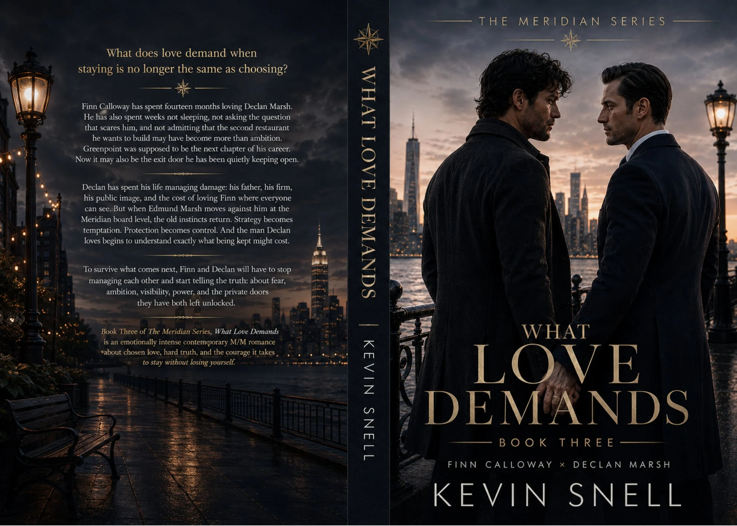 What Love Demands by Kevin Snell paperback cover, emotional M/M romance about chosen love, ambition, power, and lasting commitment