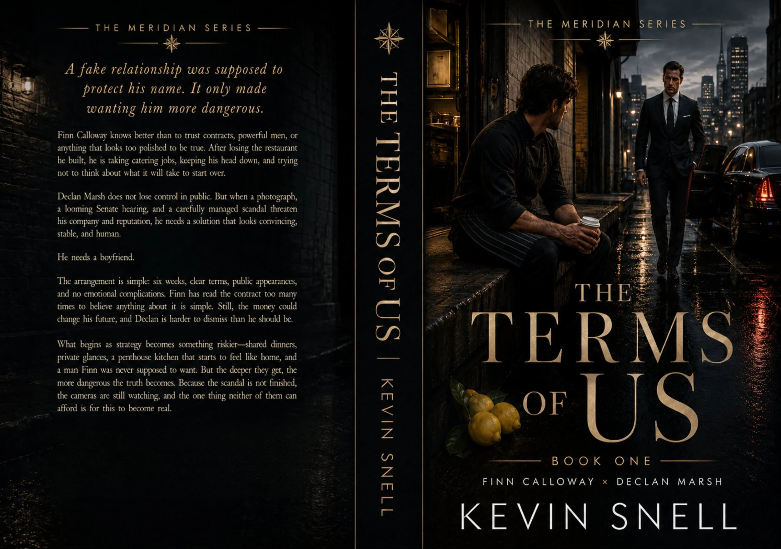 The Terms of Us by Kevin Snell paperback cover, M/M fake relationship romance with chef, powerful businessman, contract, and public scandal