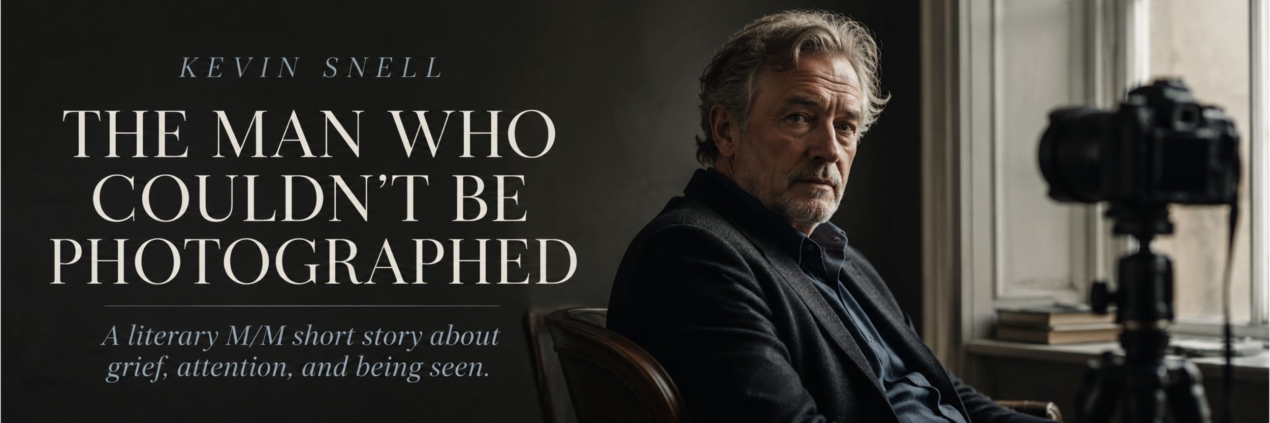 Reclusive male novelist in a shadowed portrait session for Kevin Snell’s M/M short story The Man Who Couldn’t Be Photographed.