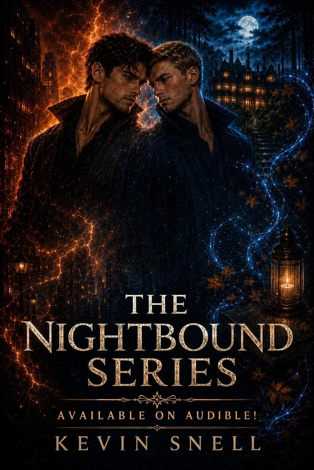 The Nightbound Series by Kevin Snell, dark M/M paranormal romance audiobooks with magic, gothic mansion, and two men