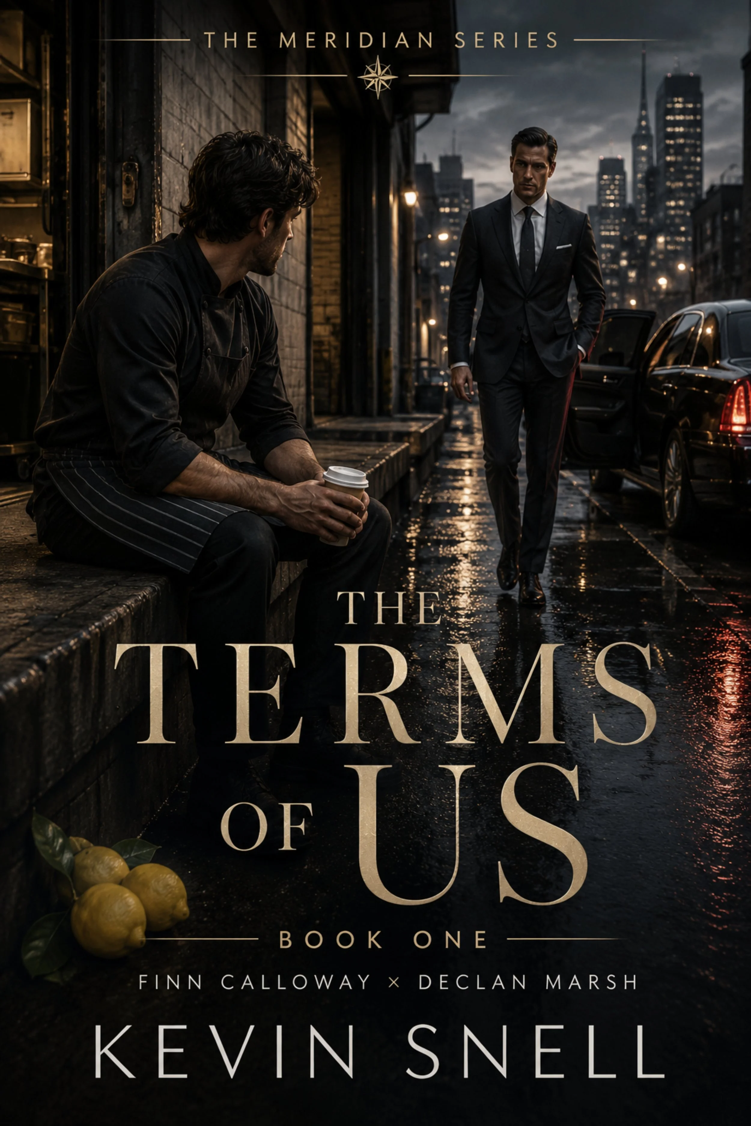 City street scene at dusk with a man in a suit walking past a seated chef holding a coffee cup, with a city skyline in the background and the title 'The Terms of Us Book One' overlayed.