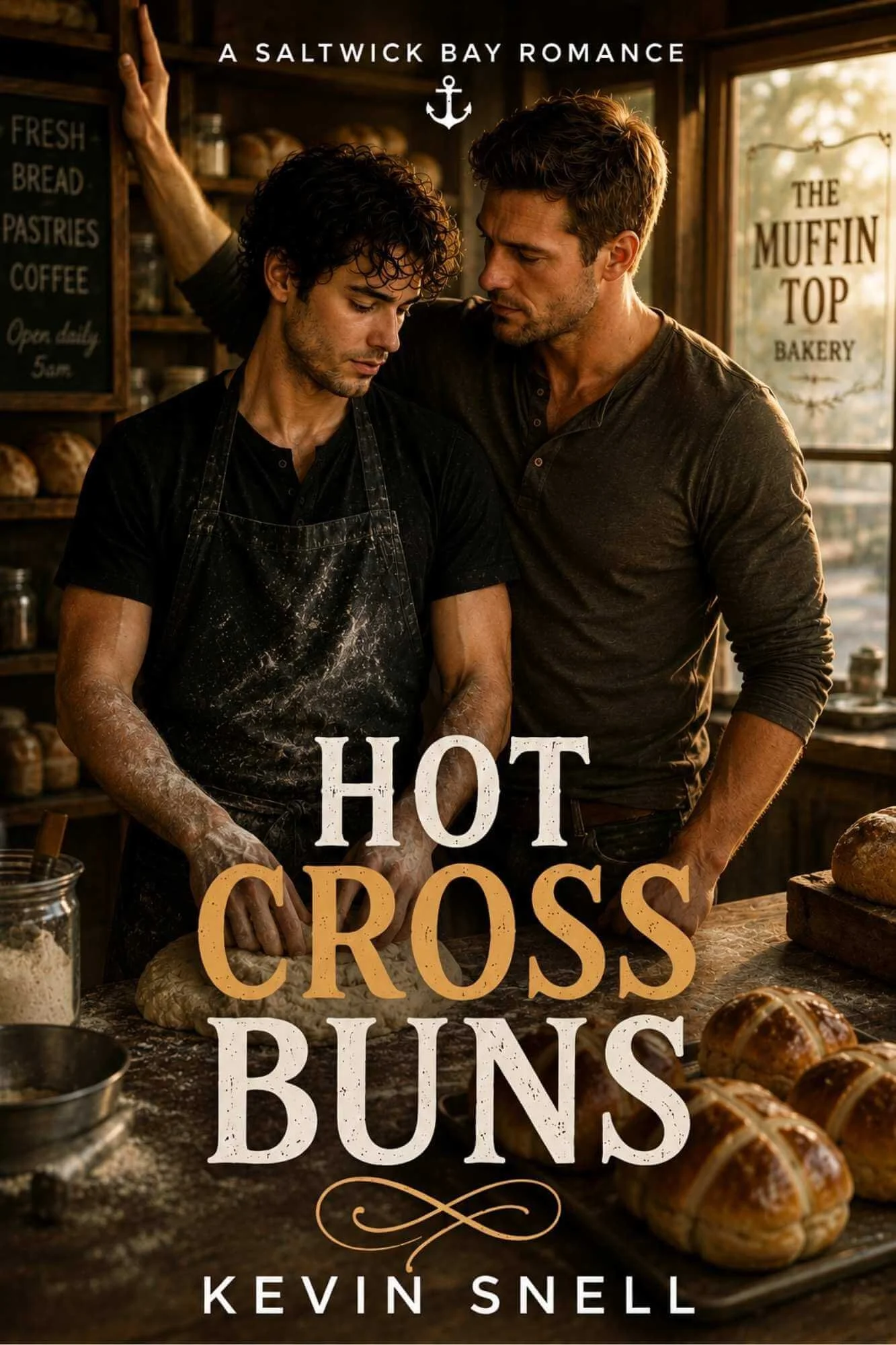 Two men in a bakery, one in an apron, working with dough. The bakery has signs for coffee and bread, and the dish's title is "Hot Cross Buns" by Kevin Snell.