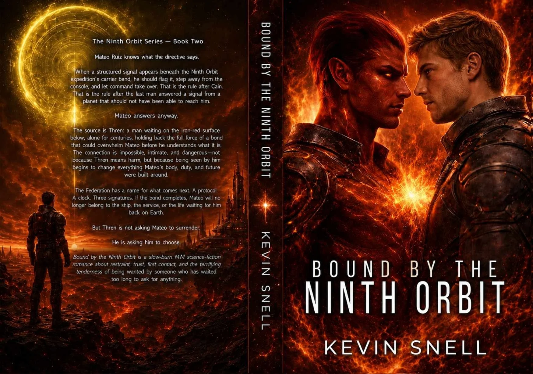 Bound by the Ninth Orbit by Kevin Snell paperback cover, slow-burn M/M sci-fi romance with alien bond, red planet, and fated mates