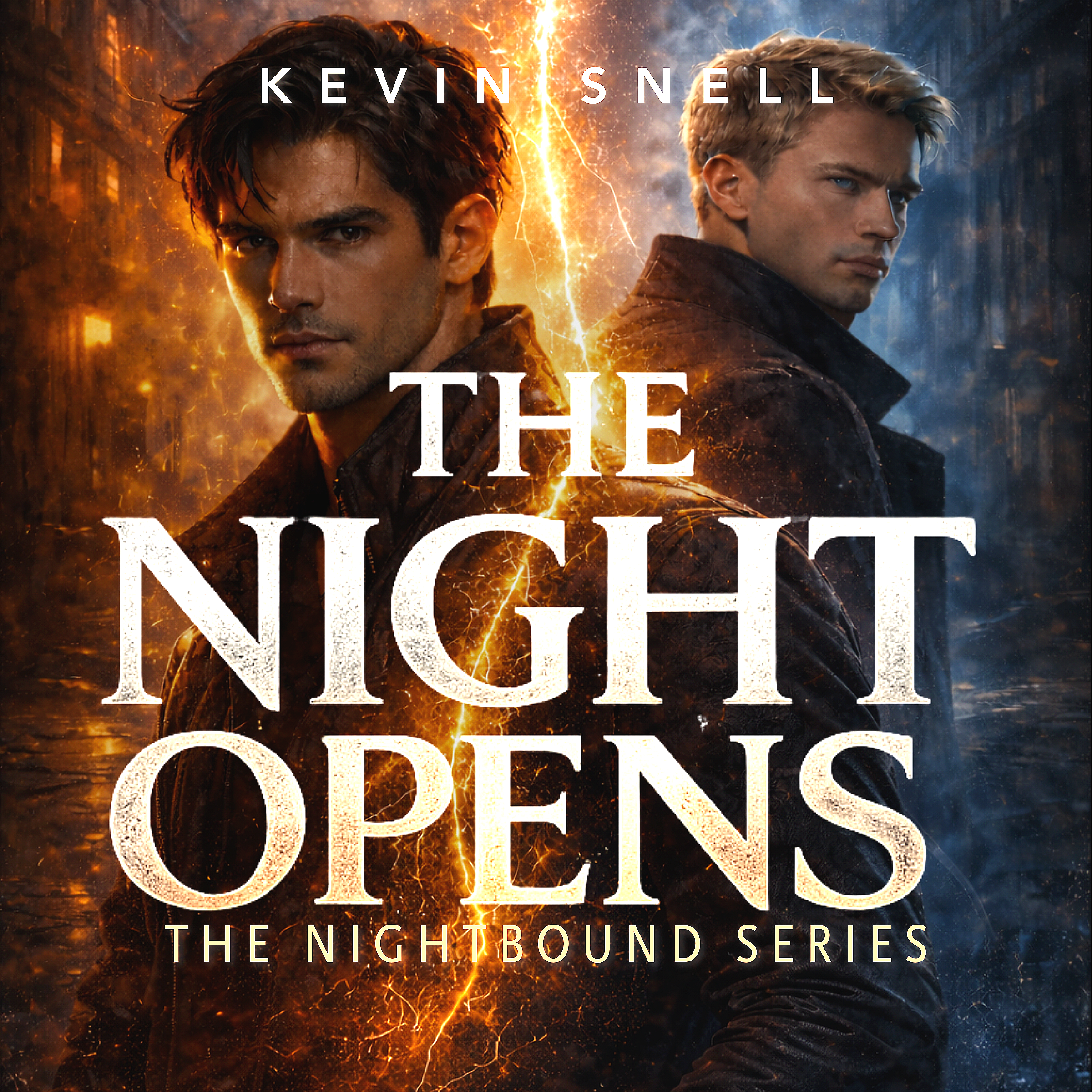 M/M urban fantasy gay romance audiobook cover, two men divided by glowing light, dark city, magic, slow burn tension