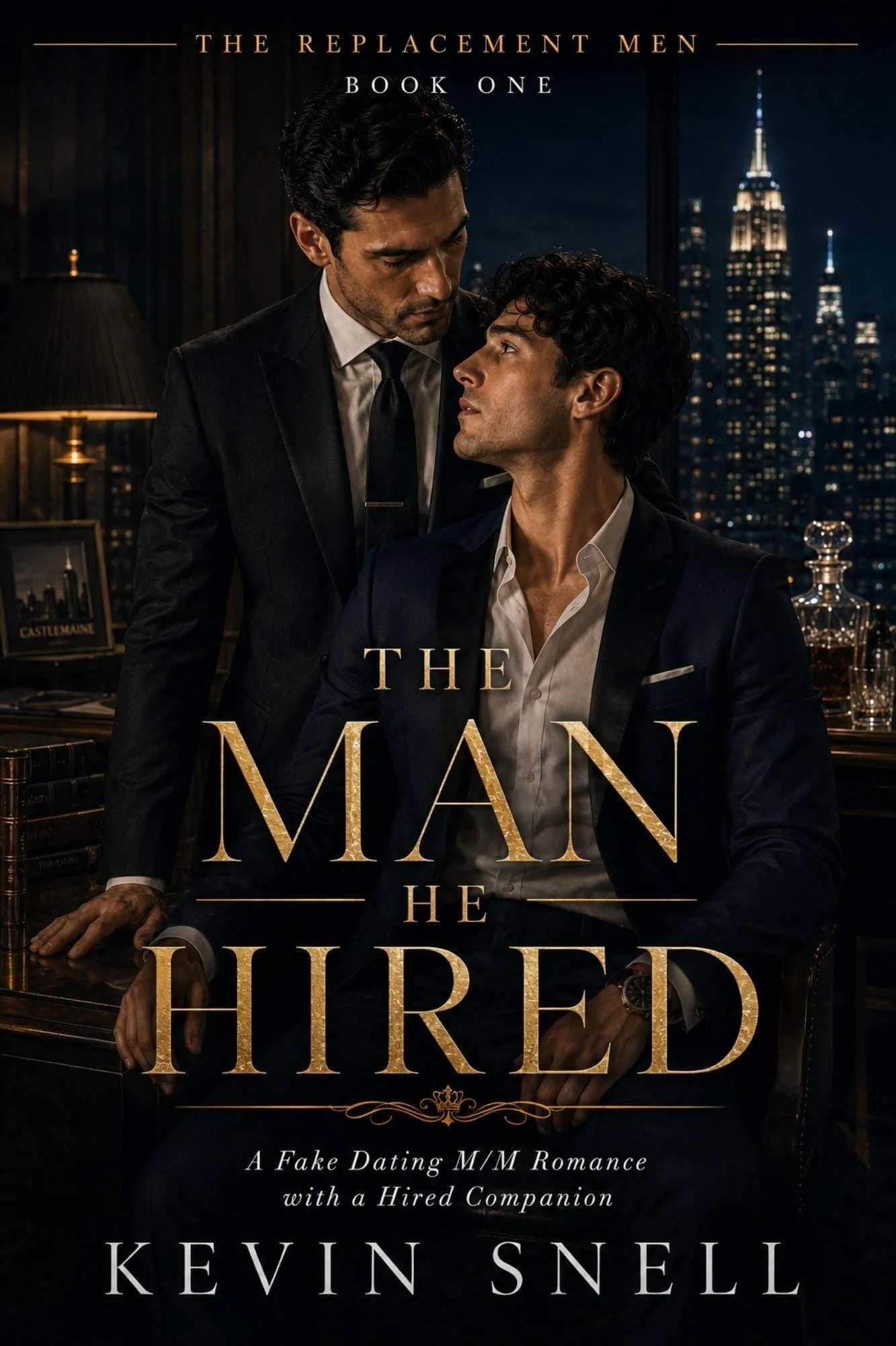 Book cover for 'The Man He Hired' showing two men in suits in a nighttime city skyline setting, with one man standing and leaning over the other seated at a desk, both looking at each other.