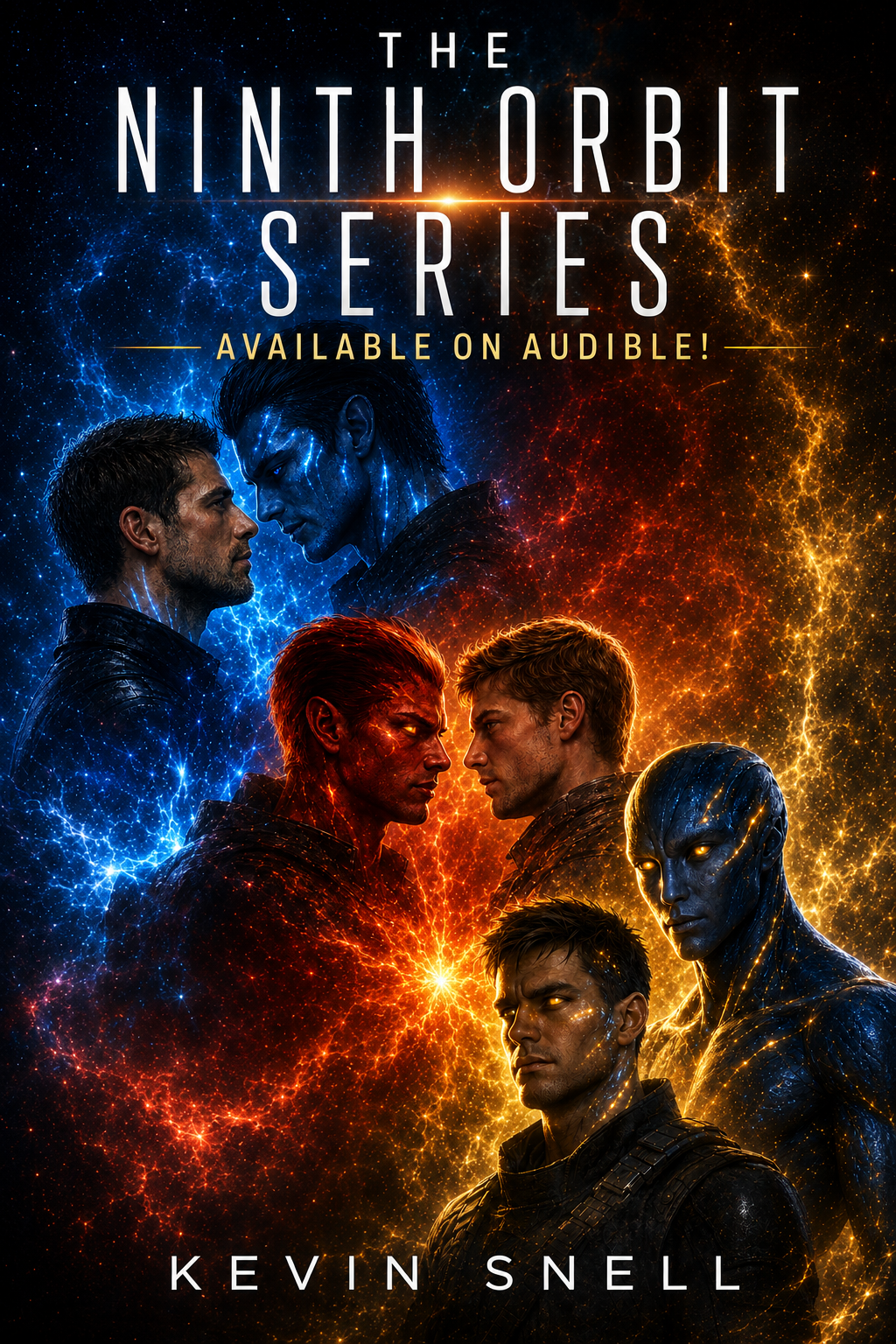 The Ninth Orbit Series by Kevin Snell, M/M alien romance audiobook cover with sci-fi fantasy couples and glowing cosmic bonds
