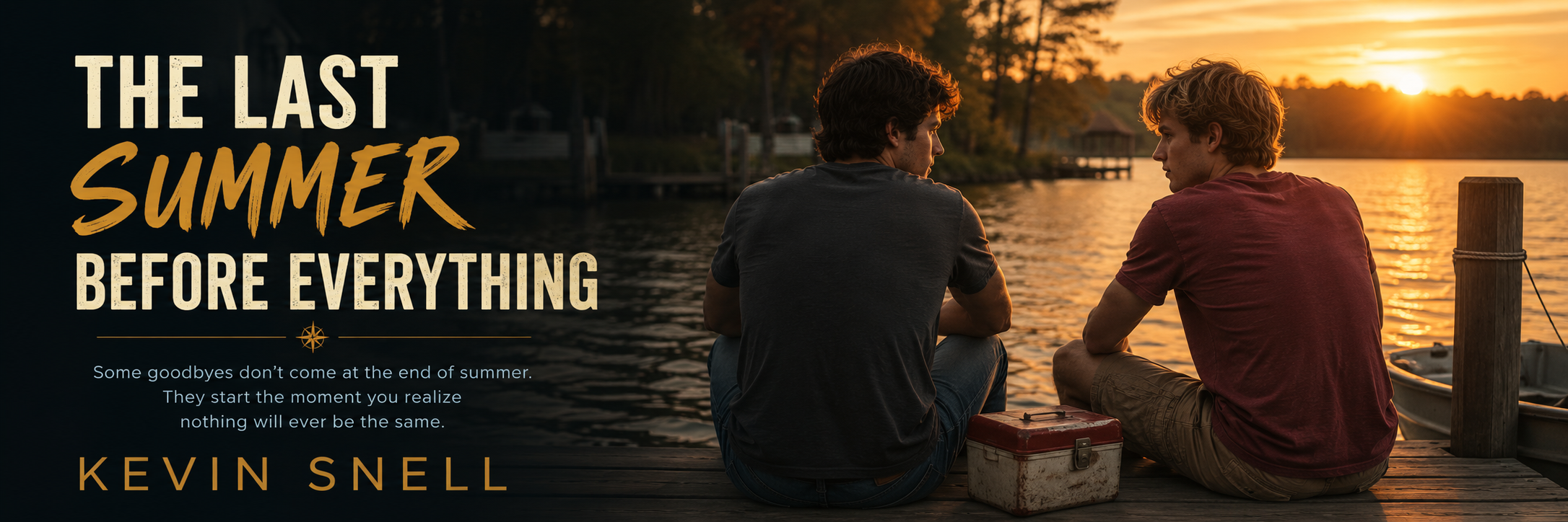 Two young men sit on a lakeside dock at sunset in a nostalgic small-town summer scene.