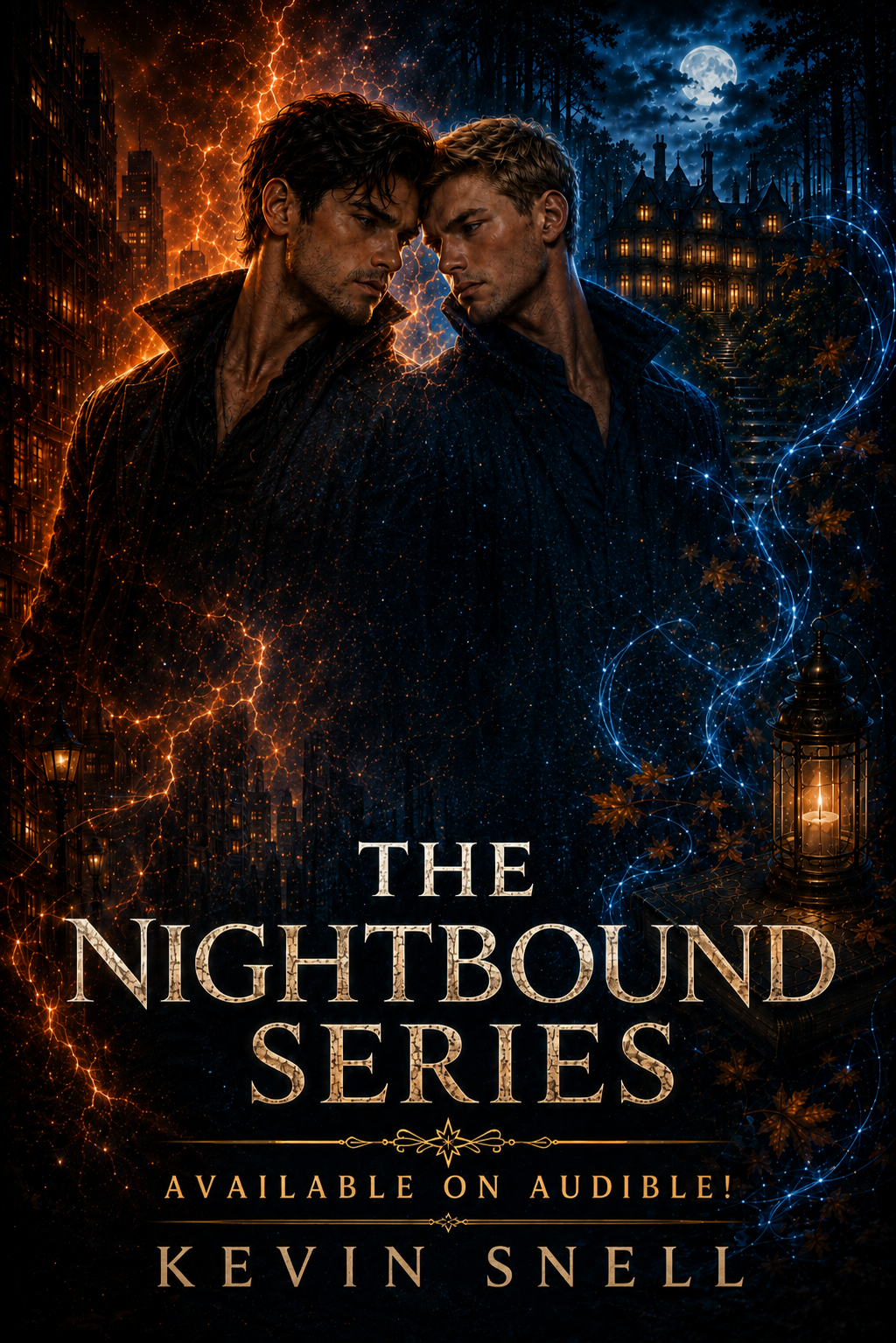 The Nightbound Series by Kevin Snell, dark M/M paranormal romance audiobooks with magic, gothic mansion, and two men