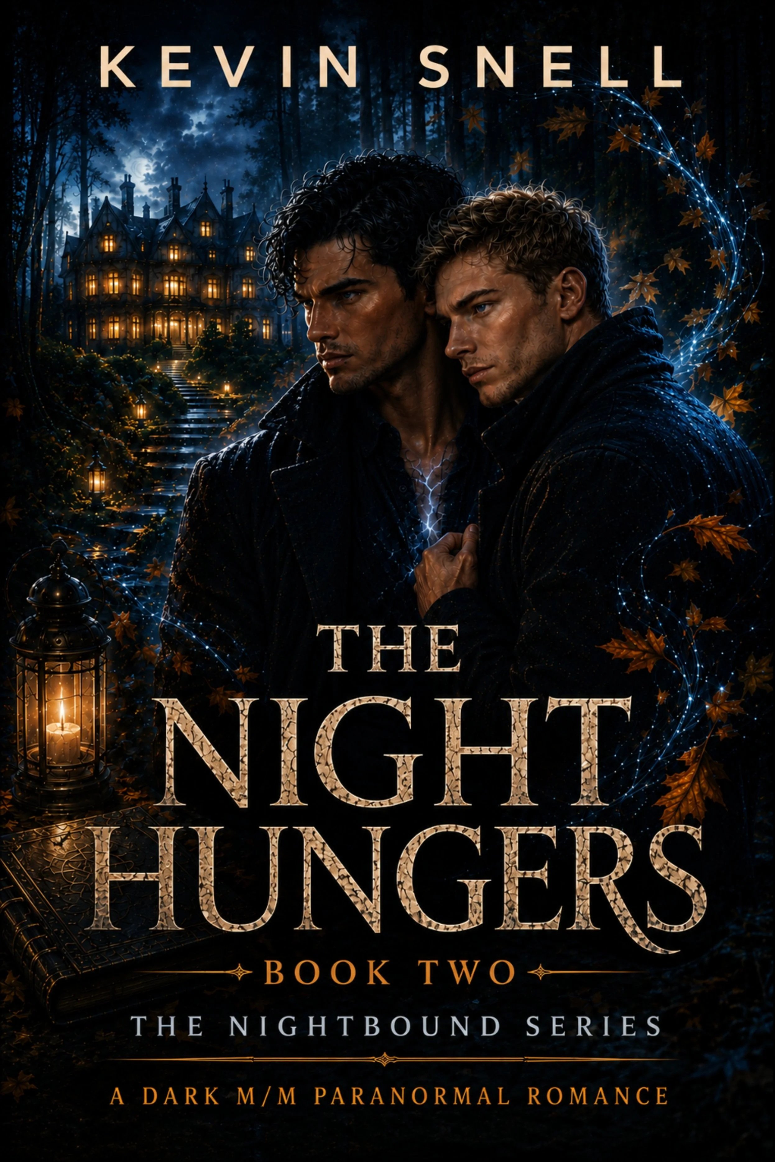 Book cover for 'The Nightbound Series: Book Two', titled 'The Night Hunters', featuring two young men with intense expressions standing close together, set against a dark, mysterious forest background with a large mansion and lanterns, indicating a dark paranormal romance.