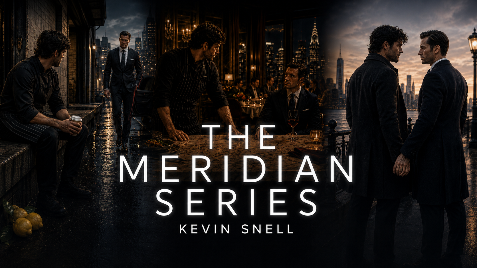 Promotional poster for 'The Meridian Series' by Kevin Snell, depicting a cityscape at sunset with a waterfront, and six men engaged in various conversations or preparing food on a terrace, dressed in formal or casual attire.