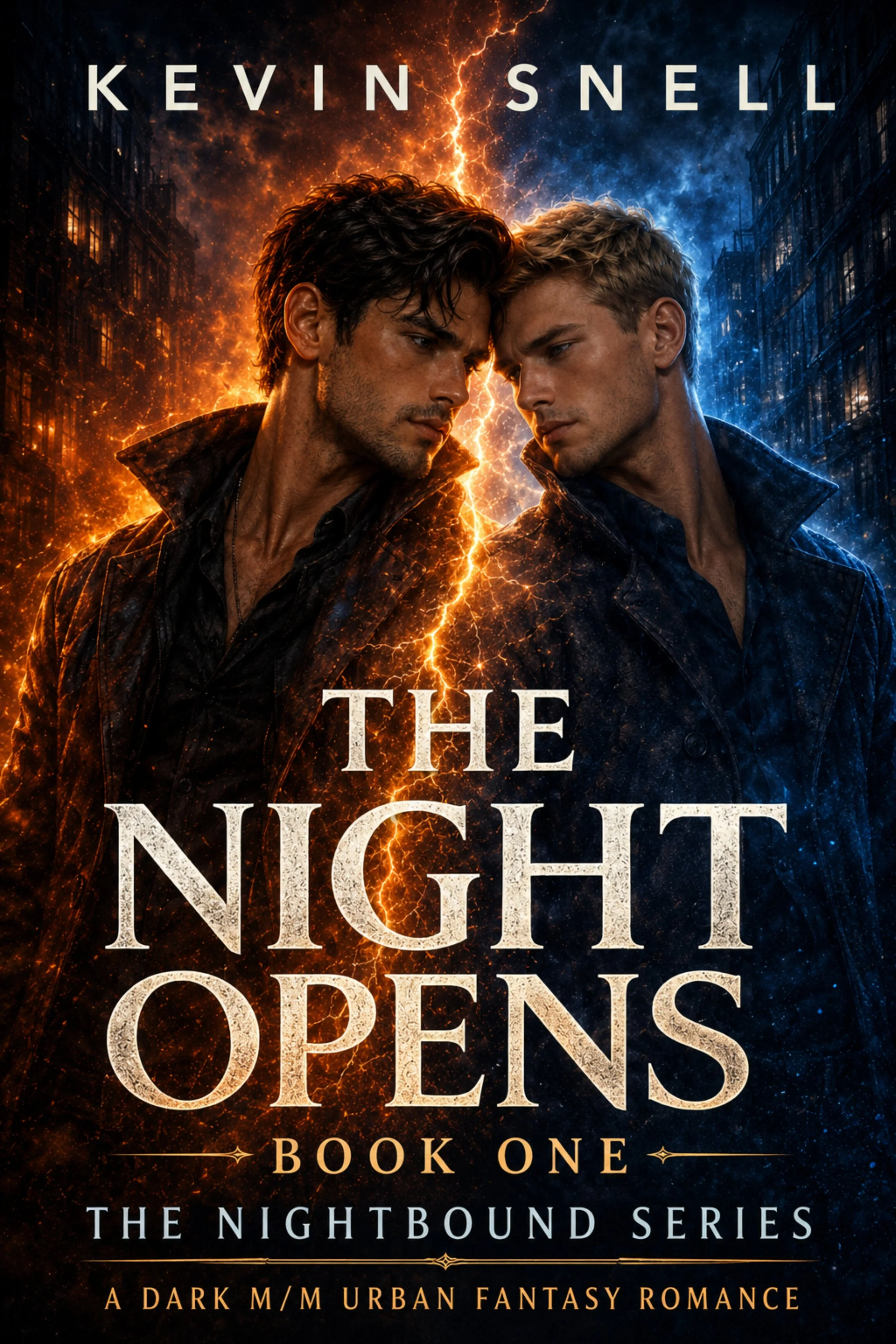 Cover of a book titled 'The Nightbound Series: Book One' by Kevin Snell. The cover features two men with serious expressions, leaning their foreheads together against a background of a cityscape engulfed in fiery orange and cool blue lightning storms