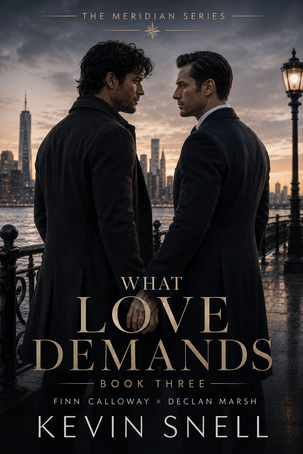 Two men in dark coats face each other on a city waterfront at sunset, with a skyline including the One World Trade Center and a streetlamp in the background. Text overlays the image: 'The Meridian Series, What I Love Demands, Book Three, Finn Callowa