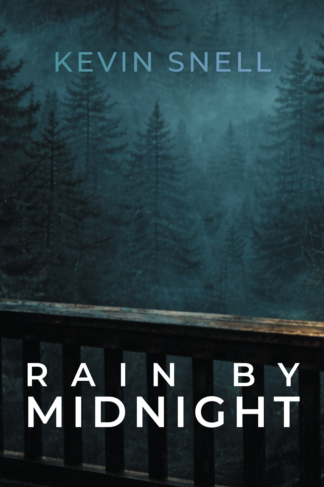 Fog-covered pine forest at dusk viewed from a rain-dark wooden deck railing, with layered evergreen silhouettes and the title “Rain By Midnight” in white uppercase lettering.