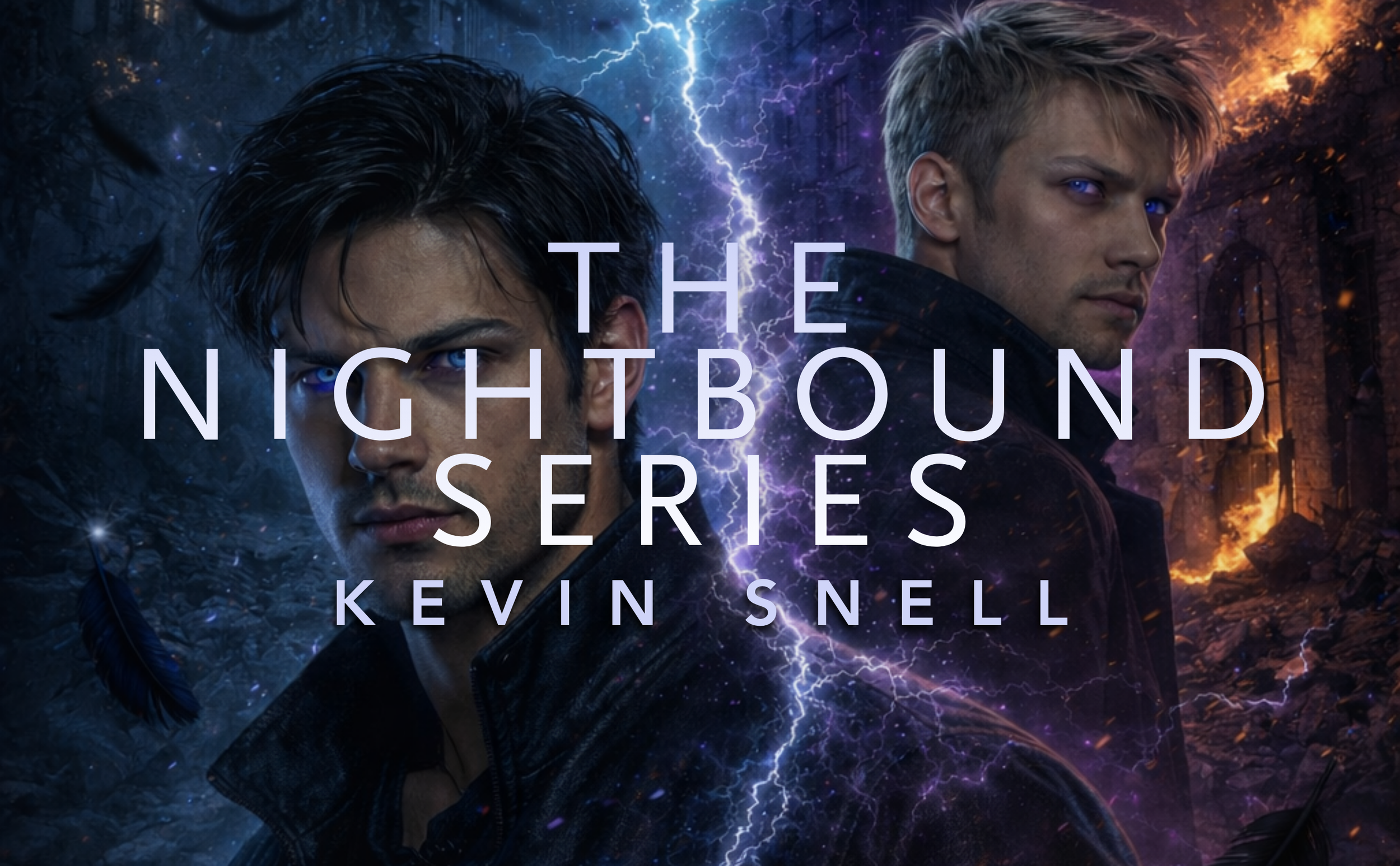 M/M urban fantasy gay romance series, two men with glowing eyes, dark city, lightning, power and desire
