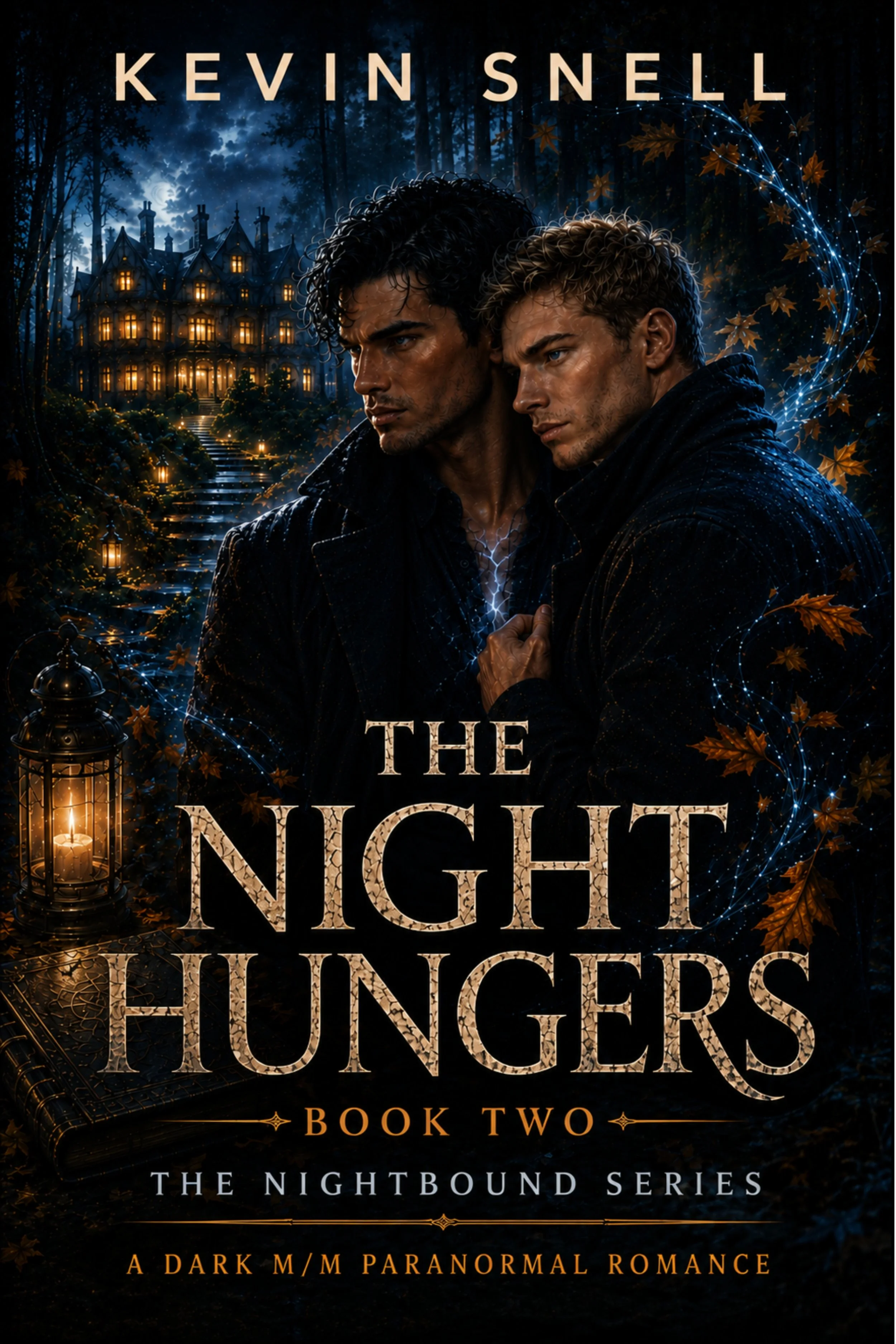 Book cover for "The Nightmare Hunters" showing two young men with serious expressions, standing in front of a dark haunted mansion in a moonlit forest. The background features glowing lanterns, swirling magical energy, and autumn leaves.