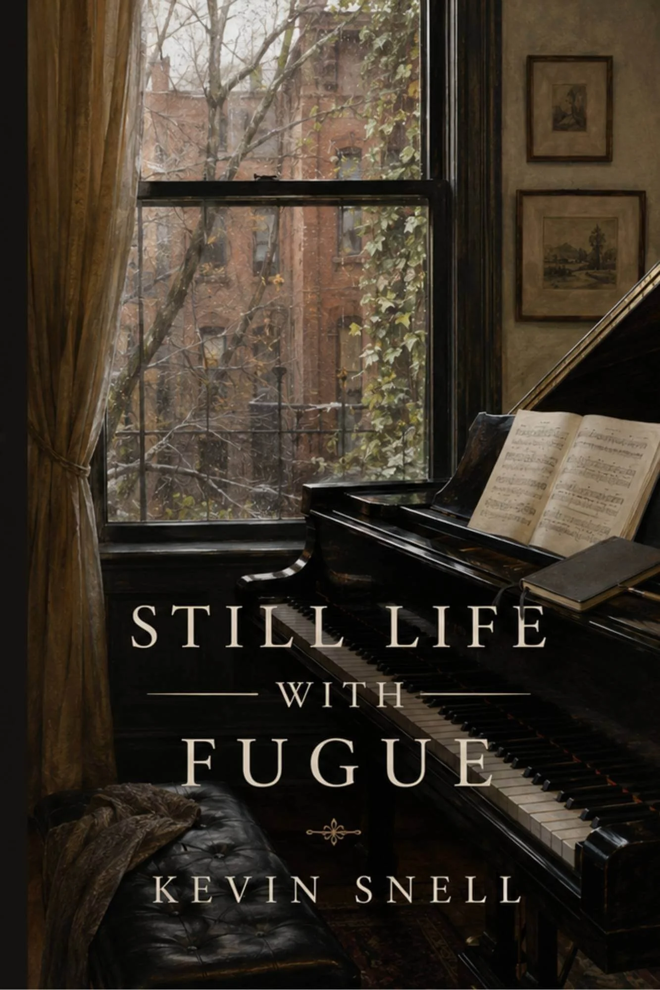 A black grand piano with sheet music on it, beside a window with a view of trees and a building outside, in a room with vintage decor and paintings on the wall.