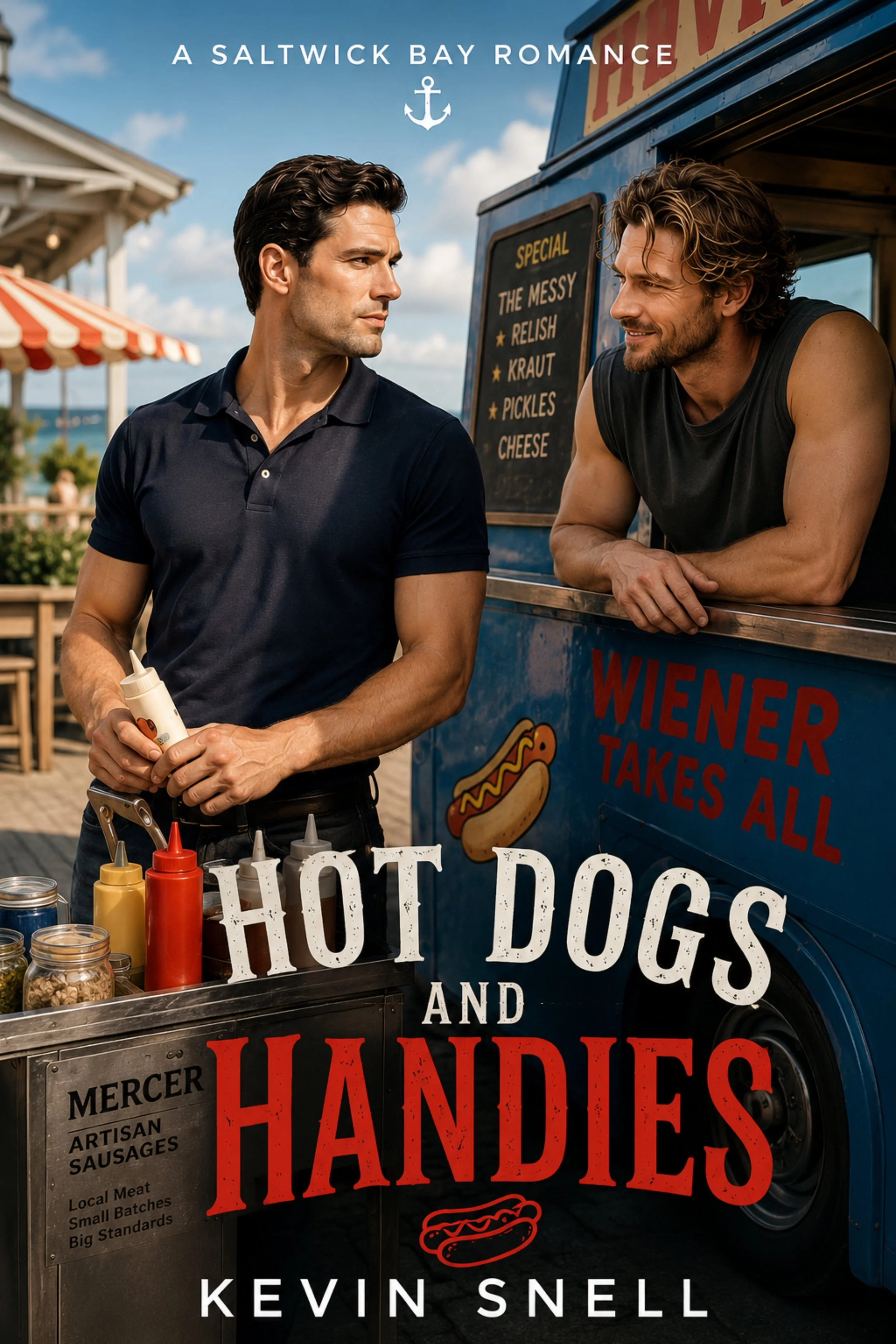 Two men are standing in front of a food truck that sells hot dogs and sandwiches. One man is holding a squeeze bottle and looking at the other. The food truck menu lists items like special, relish, kraut, pickles, and cheese. The scene is set outdoor